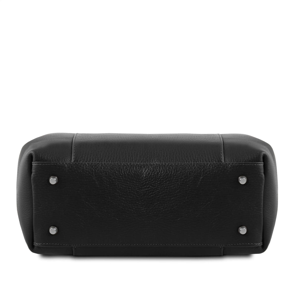 Bottom view black leather handbag with silver protective feet on a white background