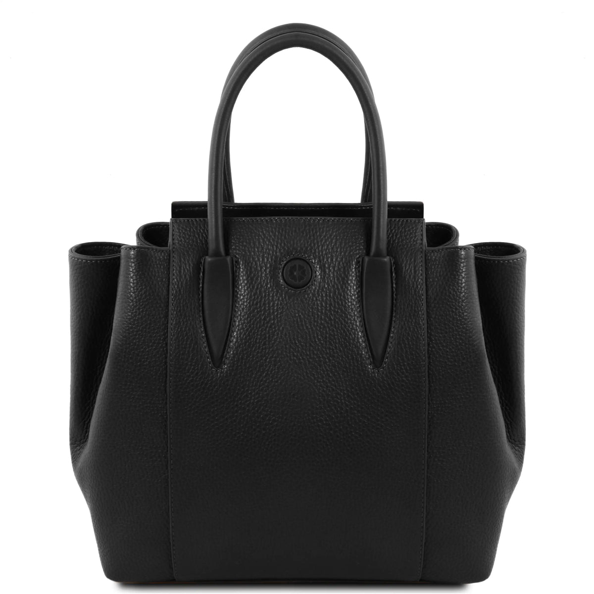 A structured black pebbled leather handbag with double top handles and a circular leather accent on the front, photographed against a solid white background.
