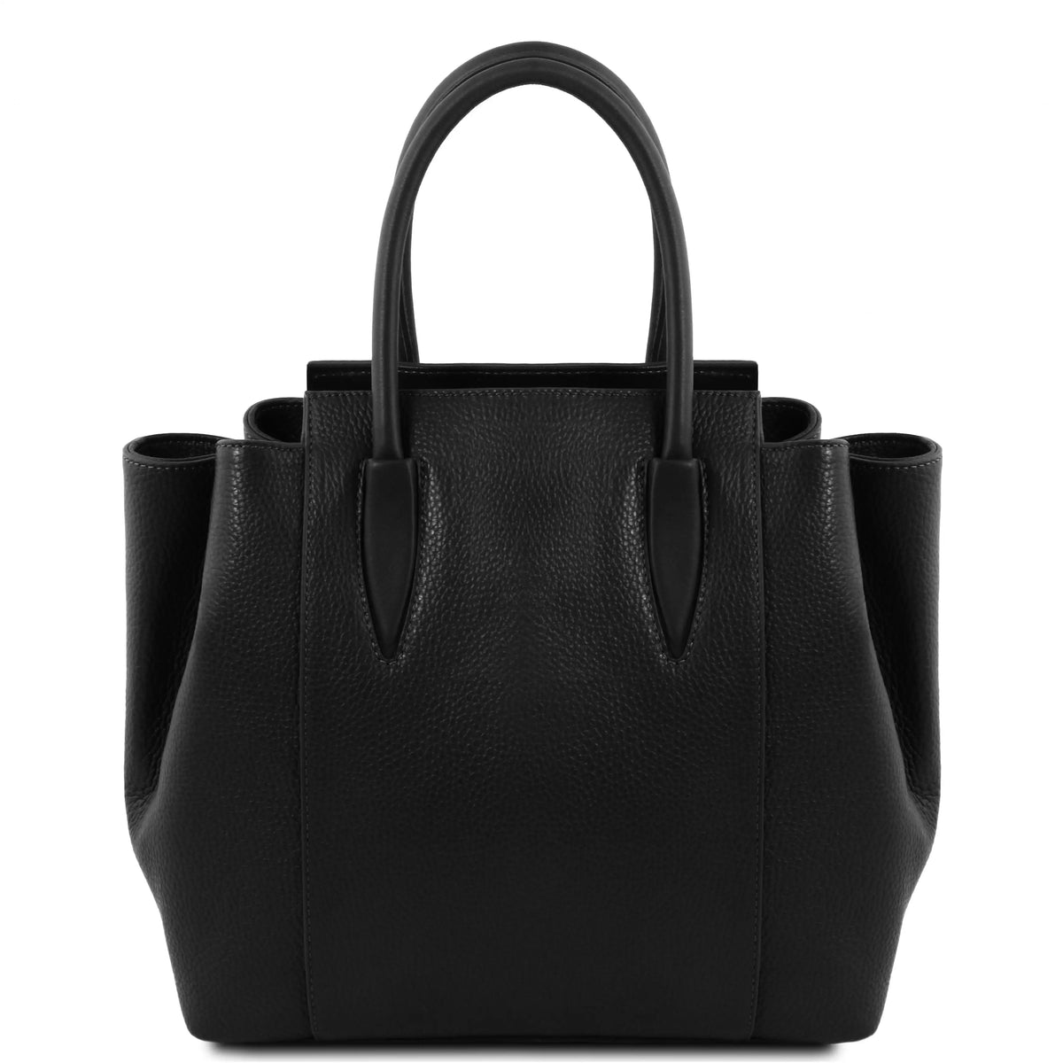 Bottom view of a structured black pebbled leather handbag with double top handles and a circular leather accent on the front, photographed against a solid white background.