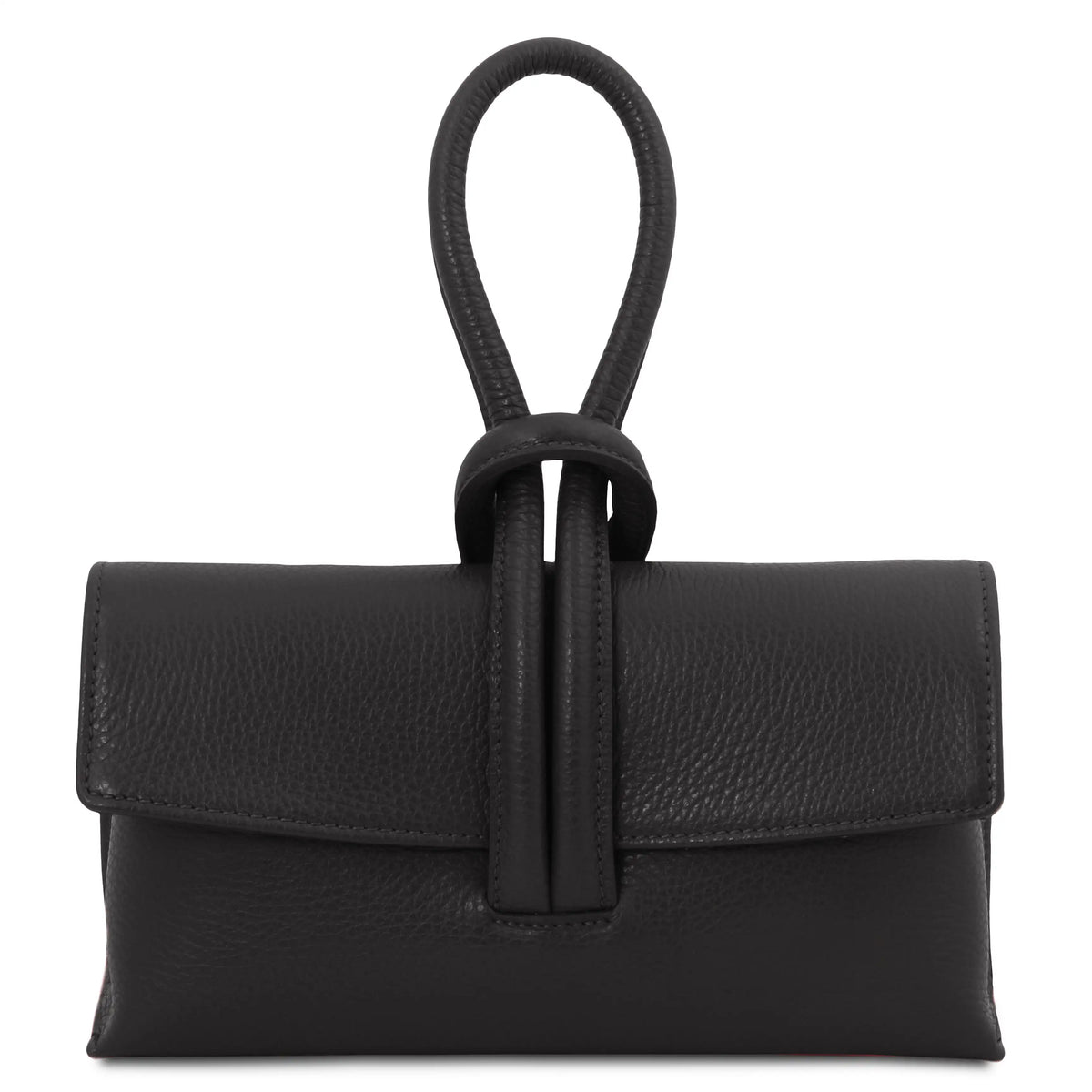 Front view black leather clutch with loop handle on a white background