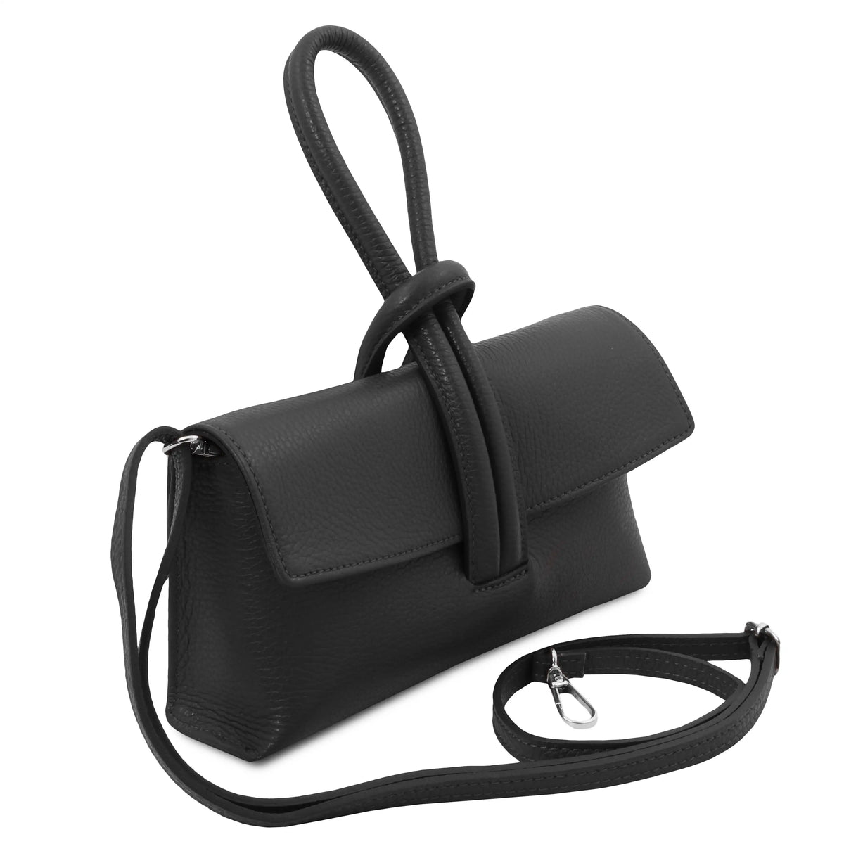 Front view black leather clutch with loop handle and shoulder strap on a white background