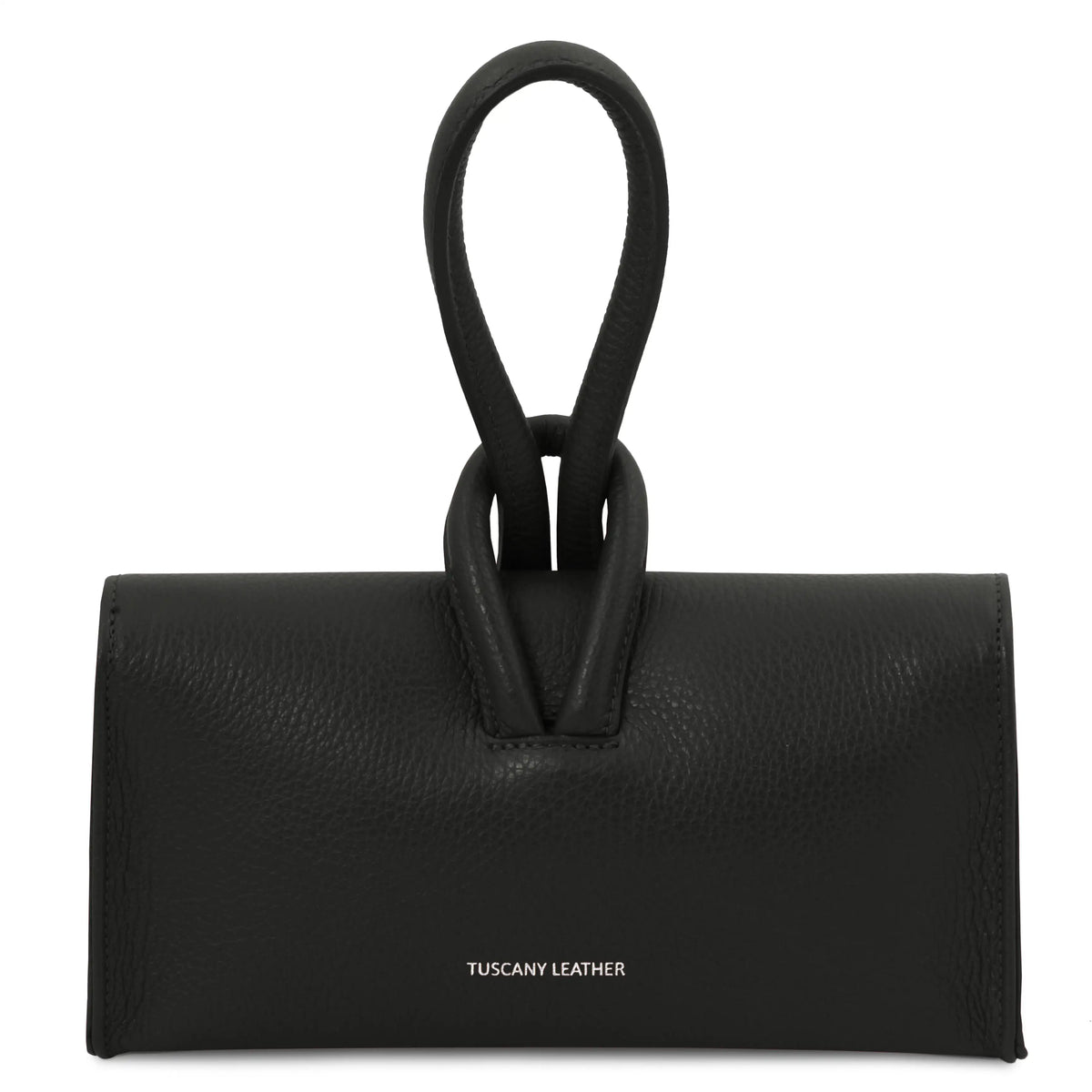 Back view black leather clutch with loop handle and Tuscany Leather branding on a white background