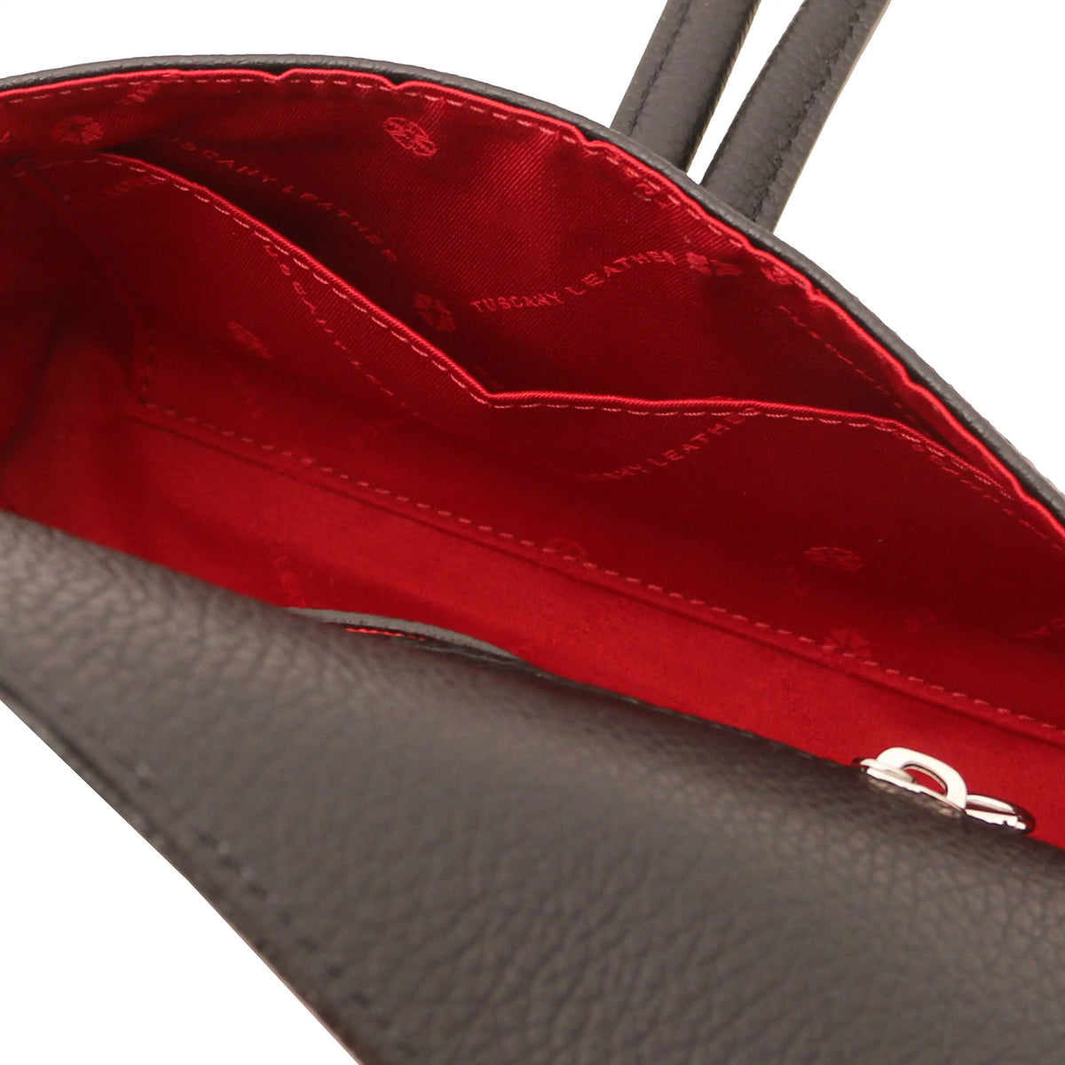 Interior open pocket View TL Bag Italian Leather Clutch in black showing red lining