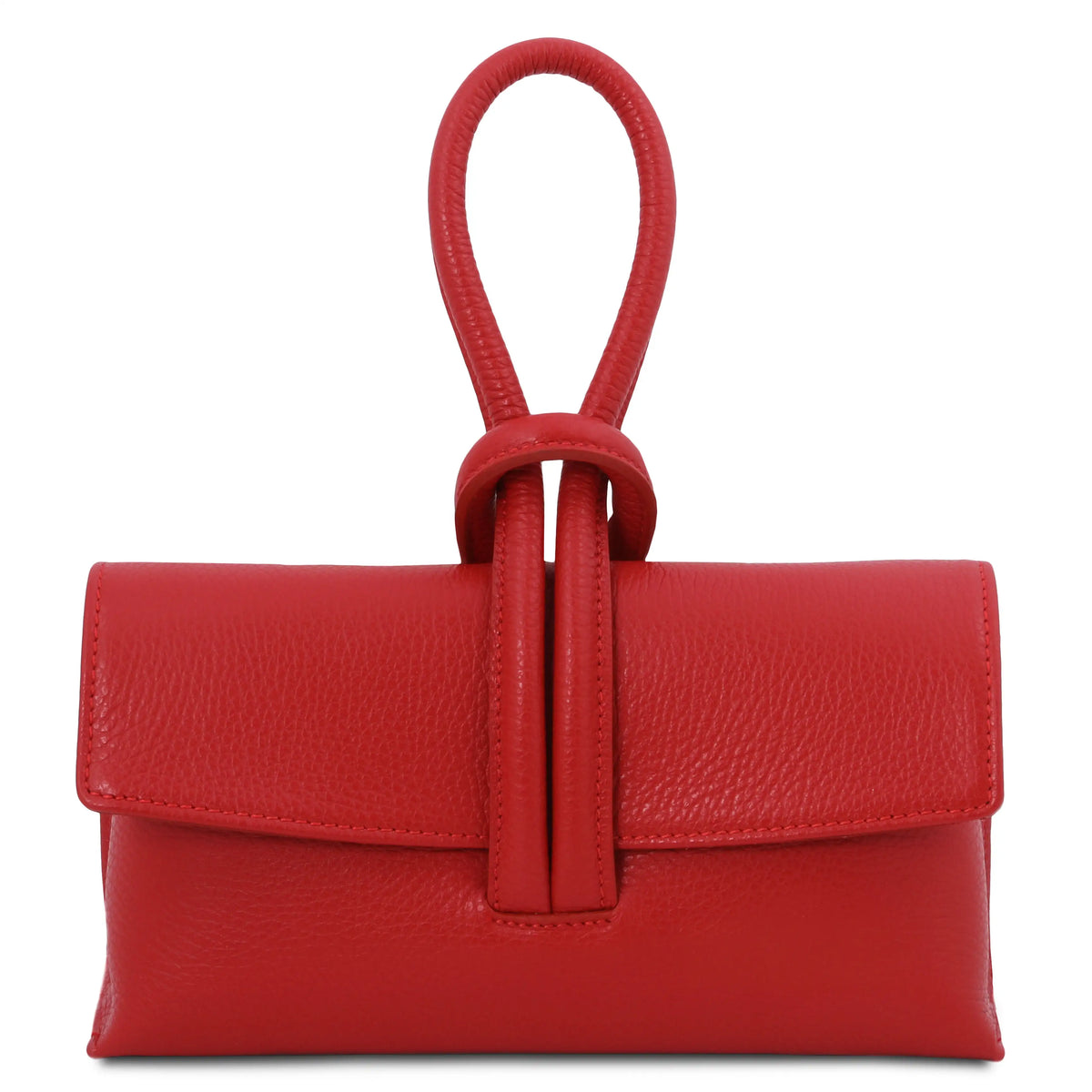 Front view lipstick red leather clutch with loop handle on a white background