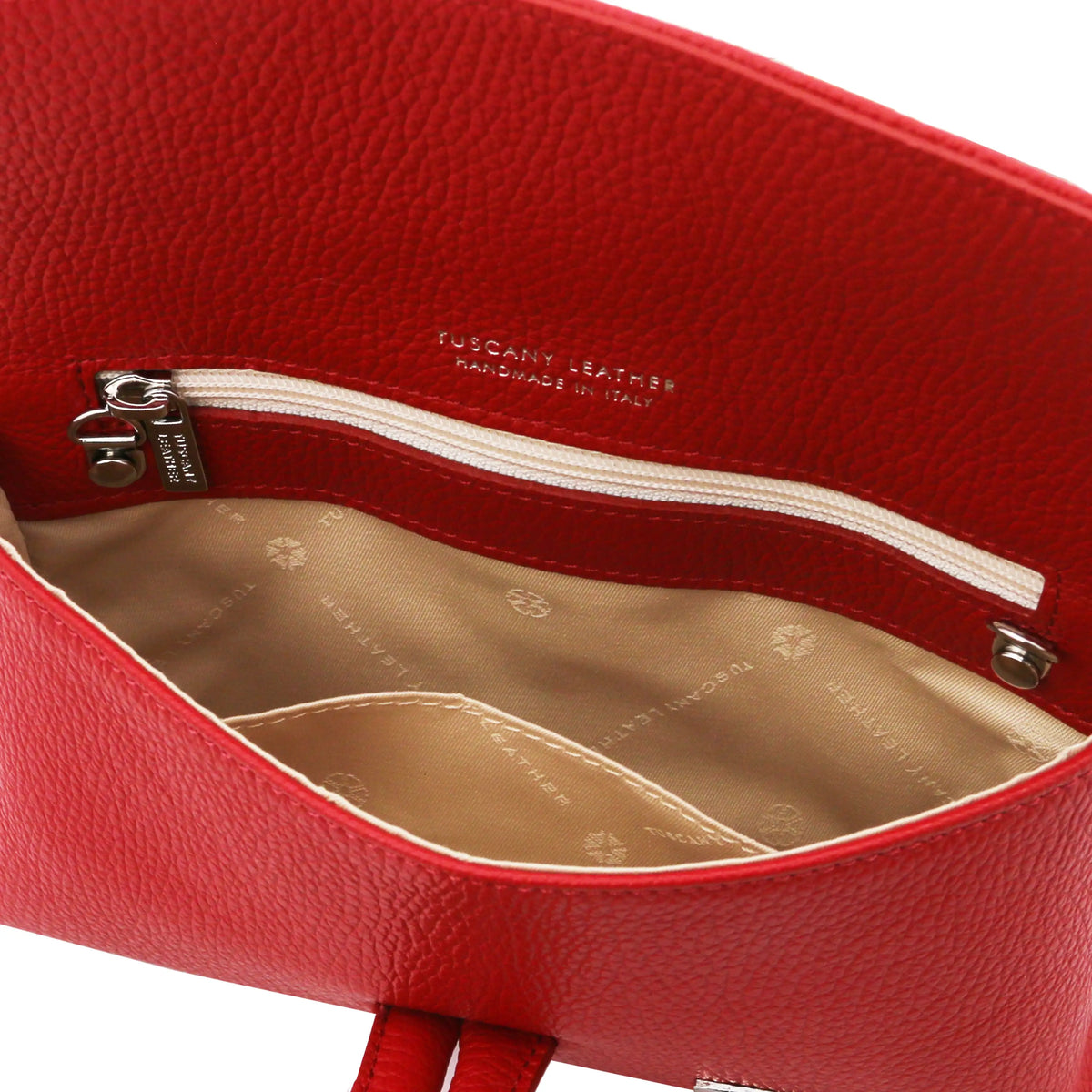 Interior zip pocket View TL Bag Italian Leather Clutch in black showing red lining