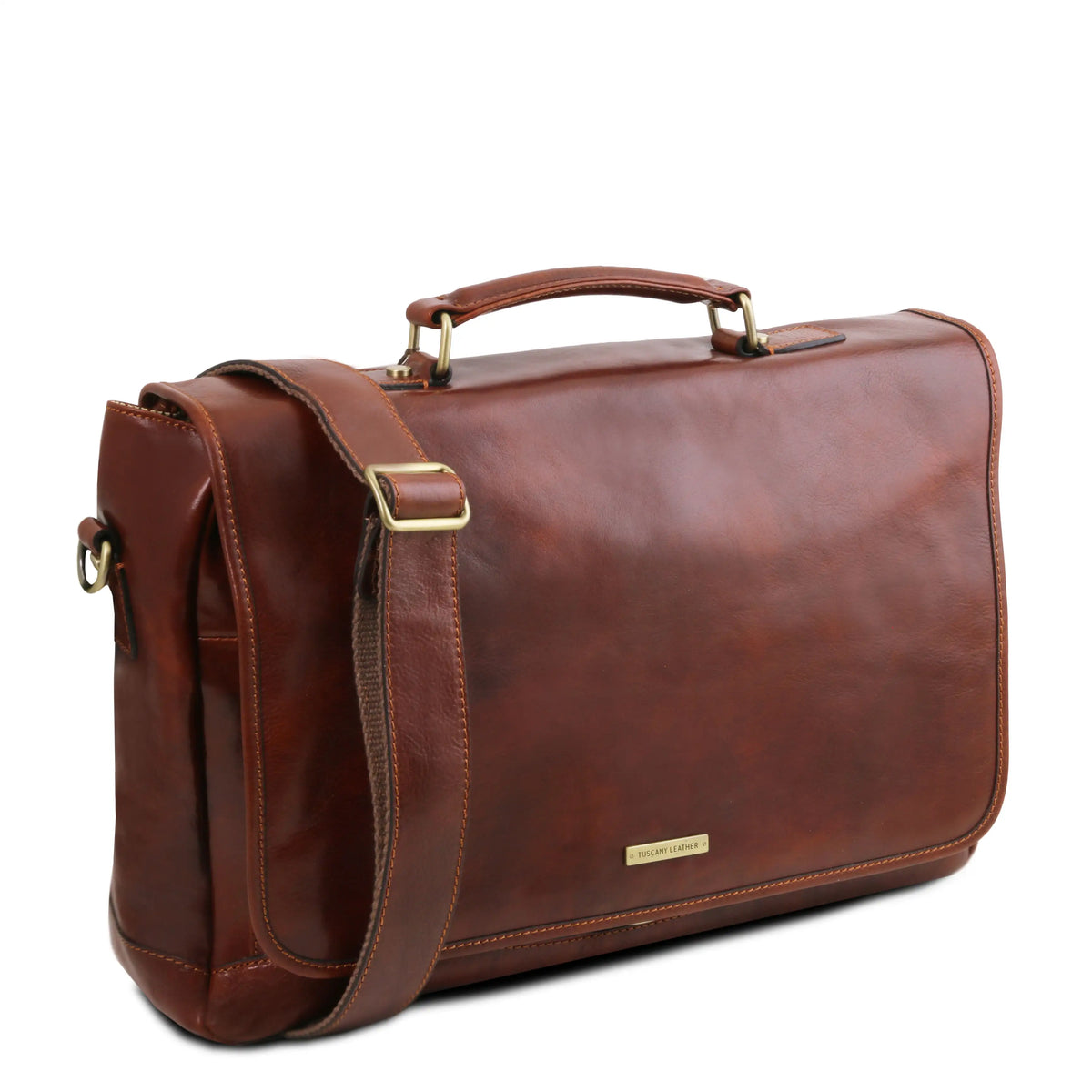 Brown leather briefcase with gold hardware on a white background