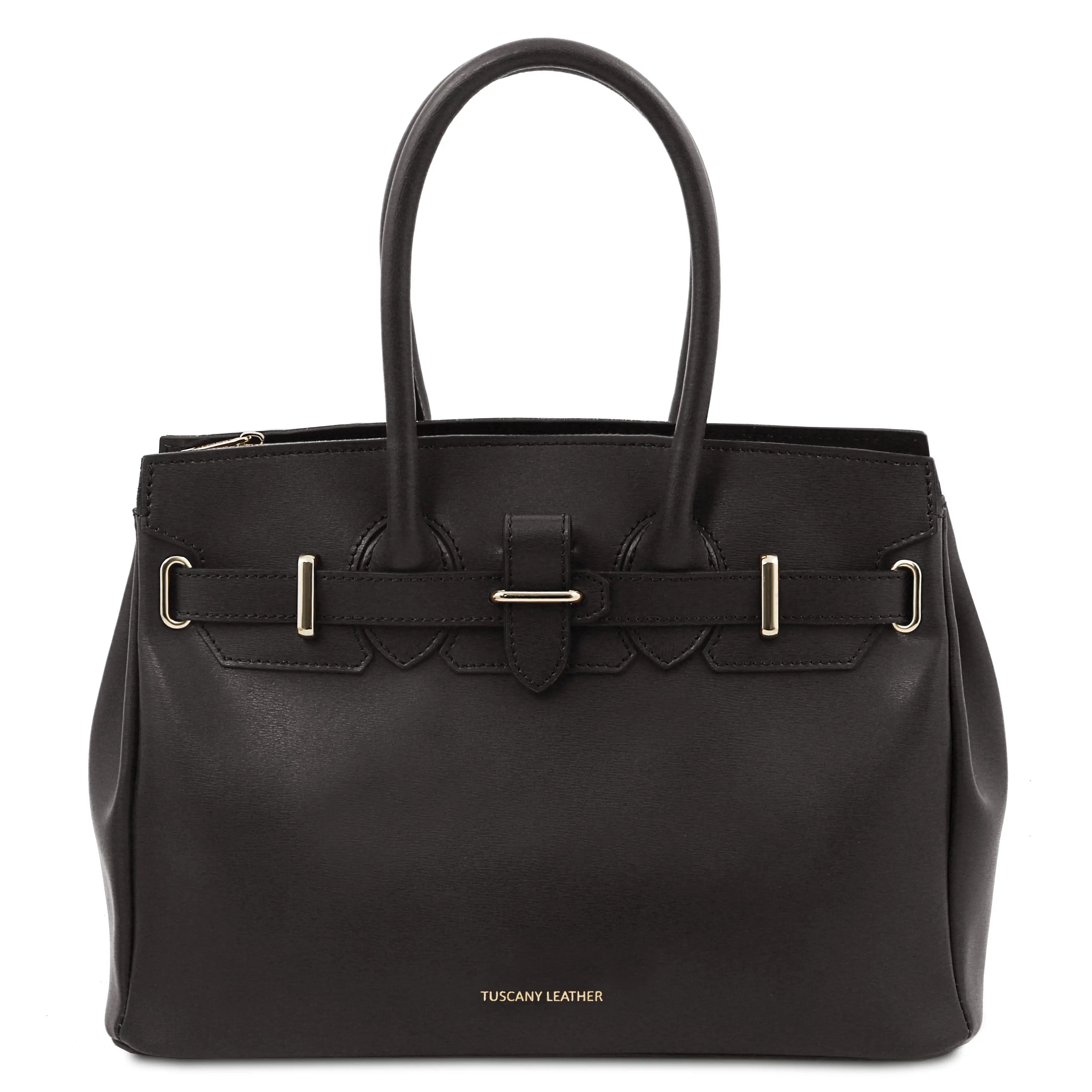 Black leather handbag with gold hardware on a white background