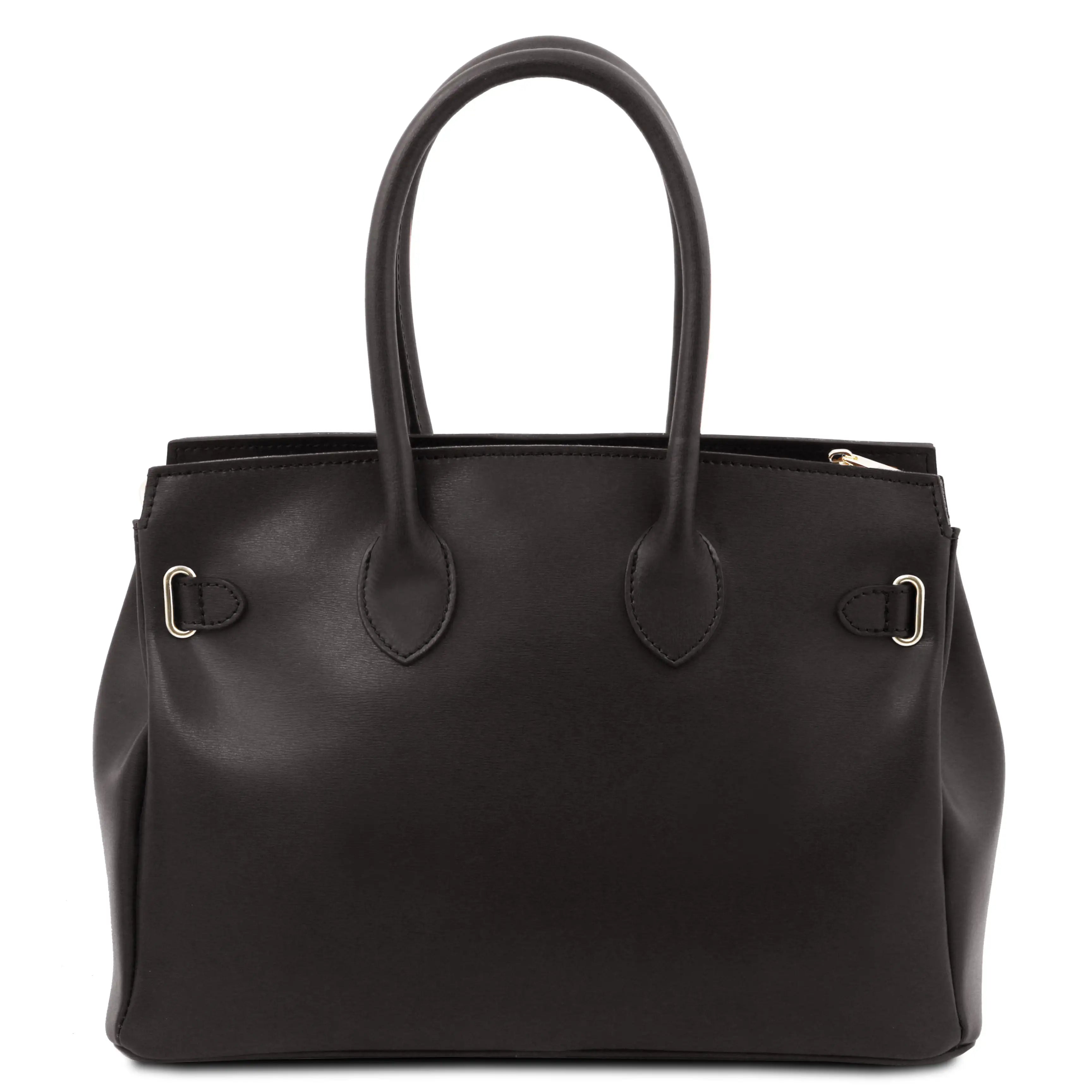A black leather handbag with double top handles, gold-tone hardware, and a zip-top closure, shown against a plain white background.
