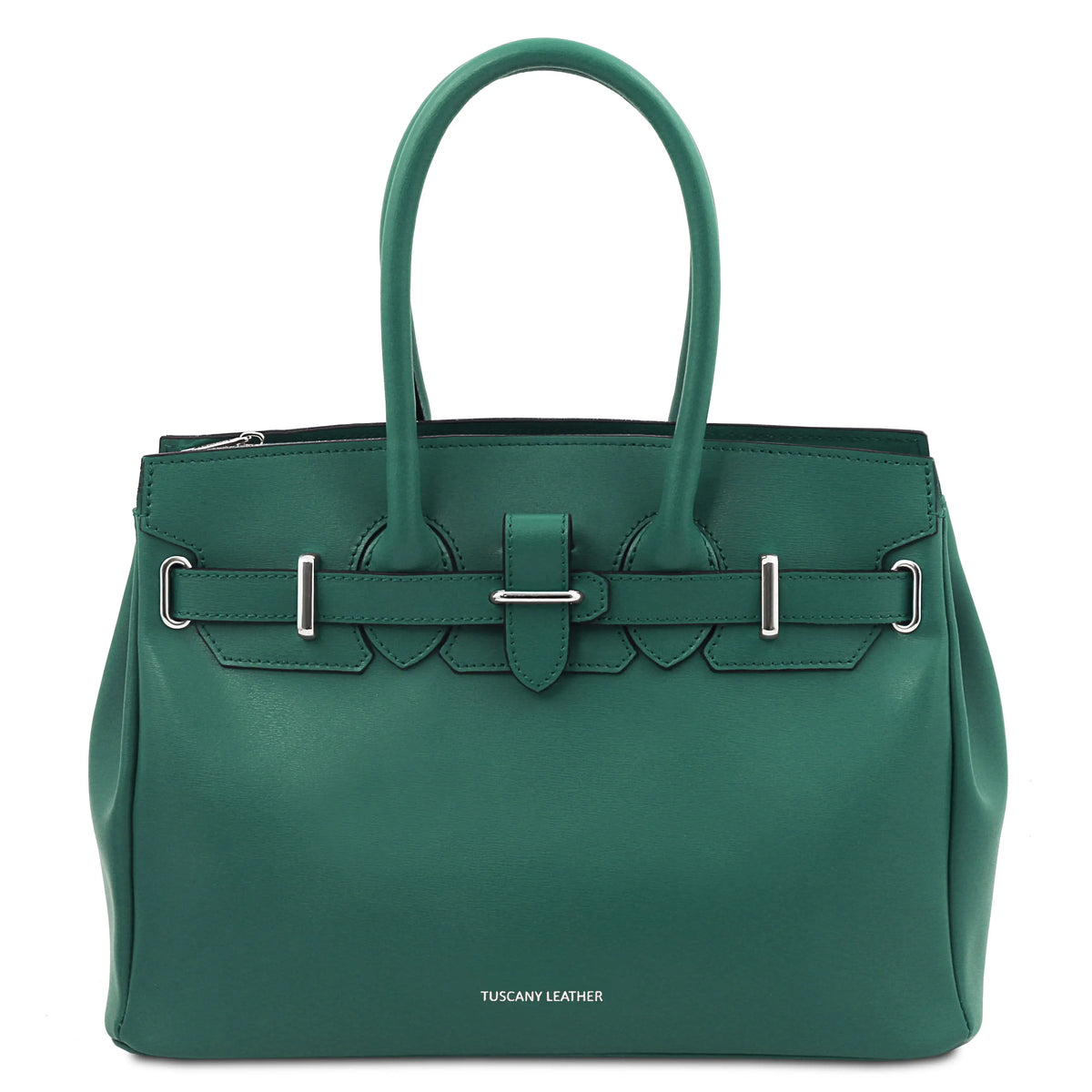 A structured teal leather handbag with double top handles, a decorative front strap detail with silver-tone hardware, and the brand name 'TUSCANY LEATHER' printed in sliver at the bottom center.
