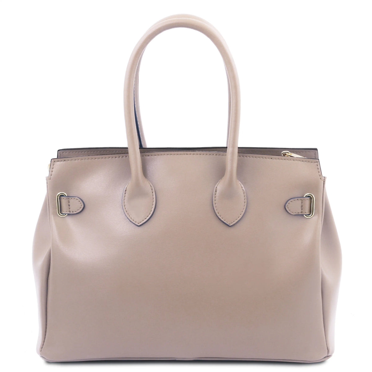 Back view structured leather handbag in a light taupe-beige color, featuring dual top handles, silver-tone hardware, and a zip-top closure, shown against a plain white background.