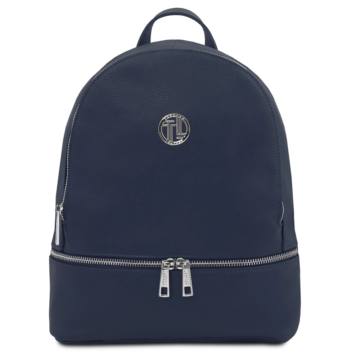 Front View TL Bag Italian Soft Leather Zip Backpack in dark blue with silver metal hardware