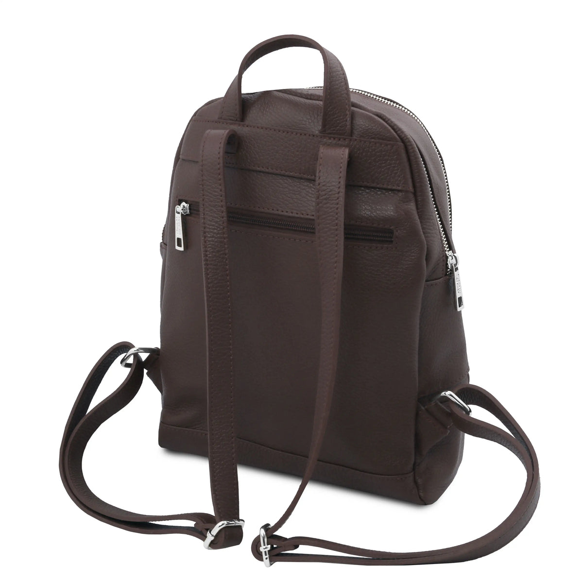A dark brown pebbled faux-leather backpack shown from the back, featuring dual top handles, a detachable shoulder strap, a zippered main compartment, and a zippered side pocket, set against a plain white background.