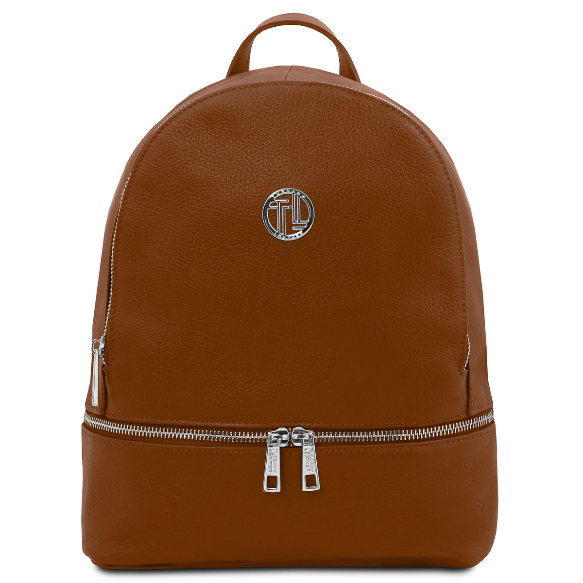 Front View TL Bag Italian Soft Leather Zip Backpack in cognac with silver metal hardware