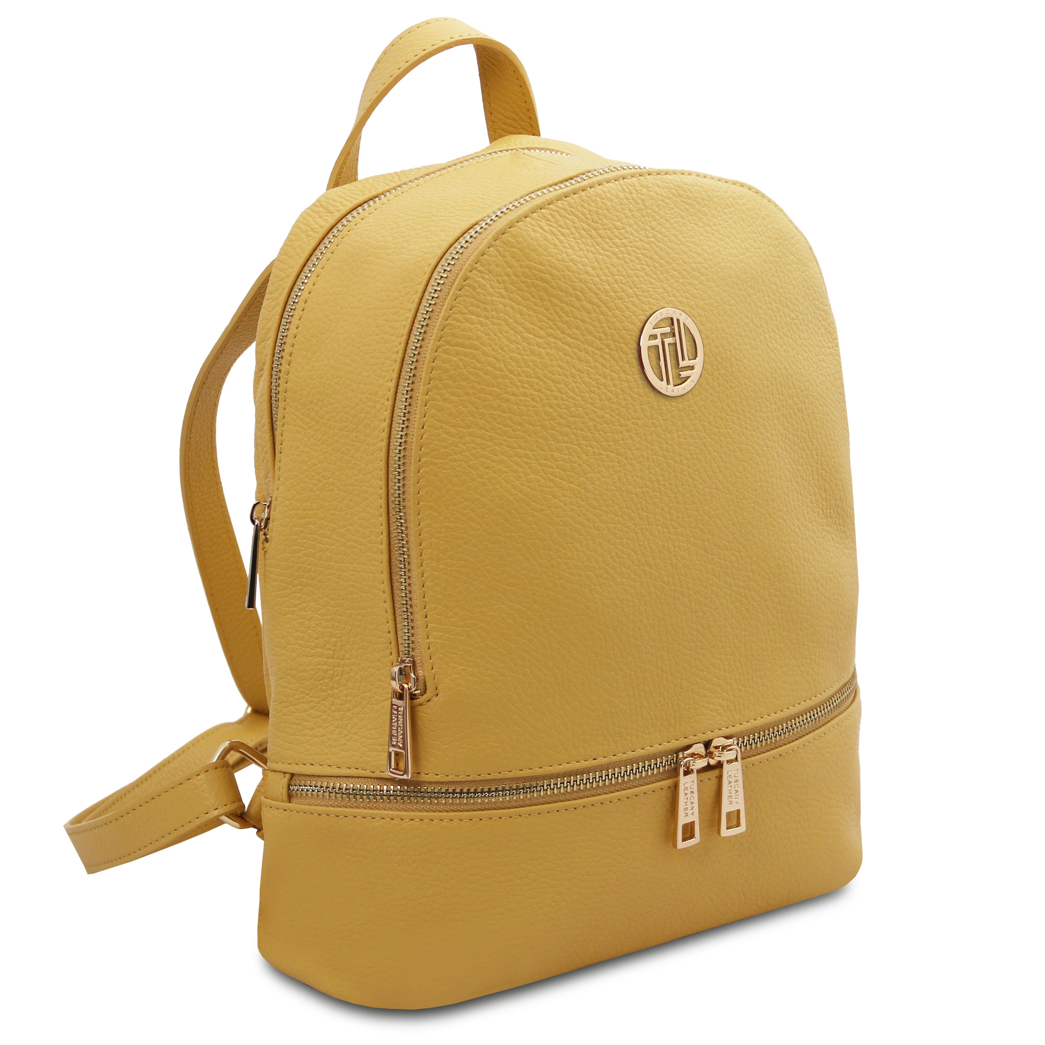 Side angled view of the TL Bag Italian Soft Leather Zip Backpack in pale yellow showing double zippers and bottom pouch zipper