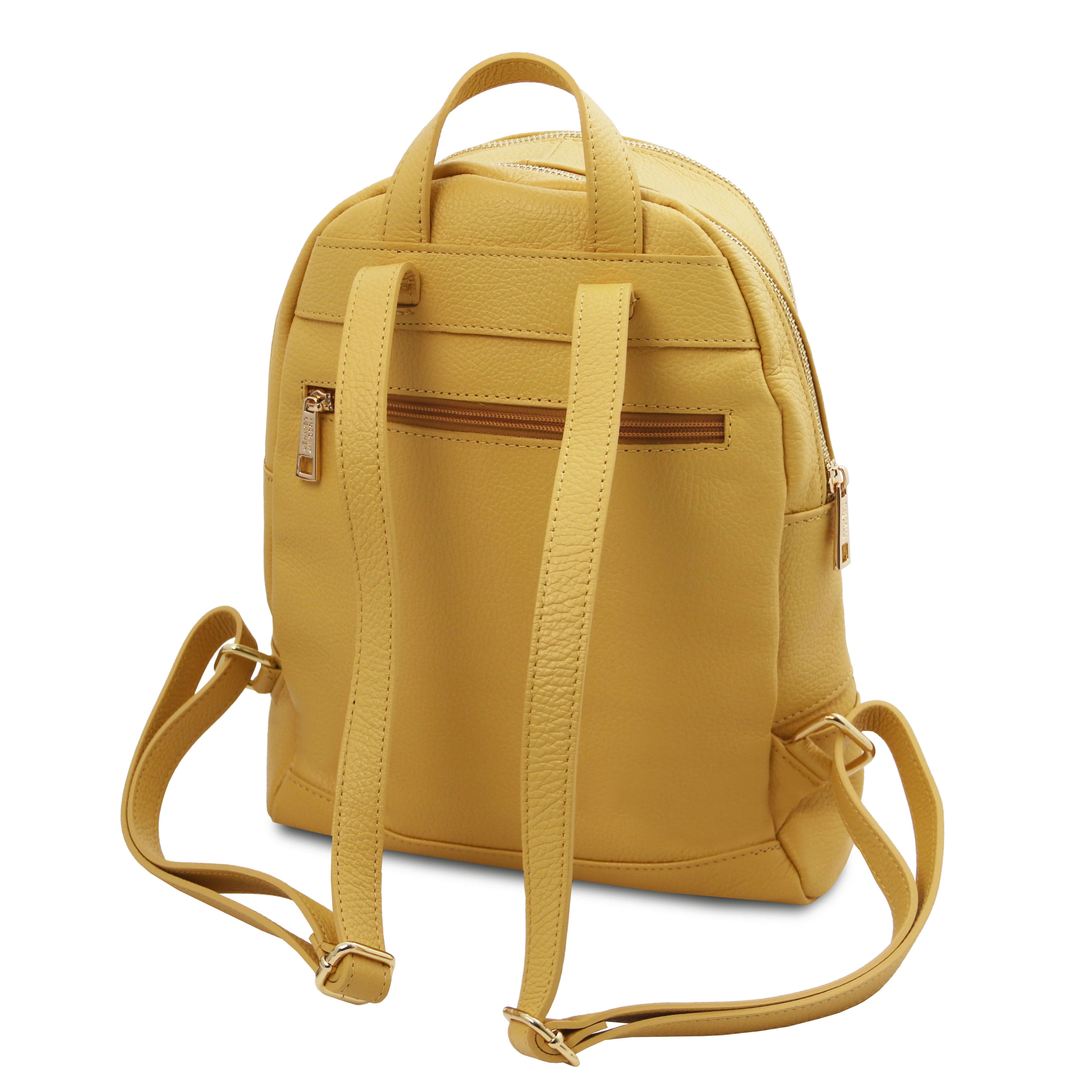 Back view of the TL Bag Italian Soft Leather Zip Backpack in pale yellow - L'Atelier Global