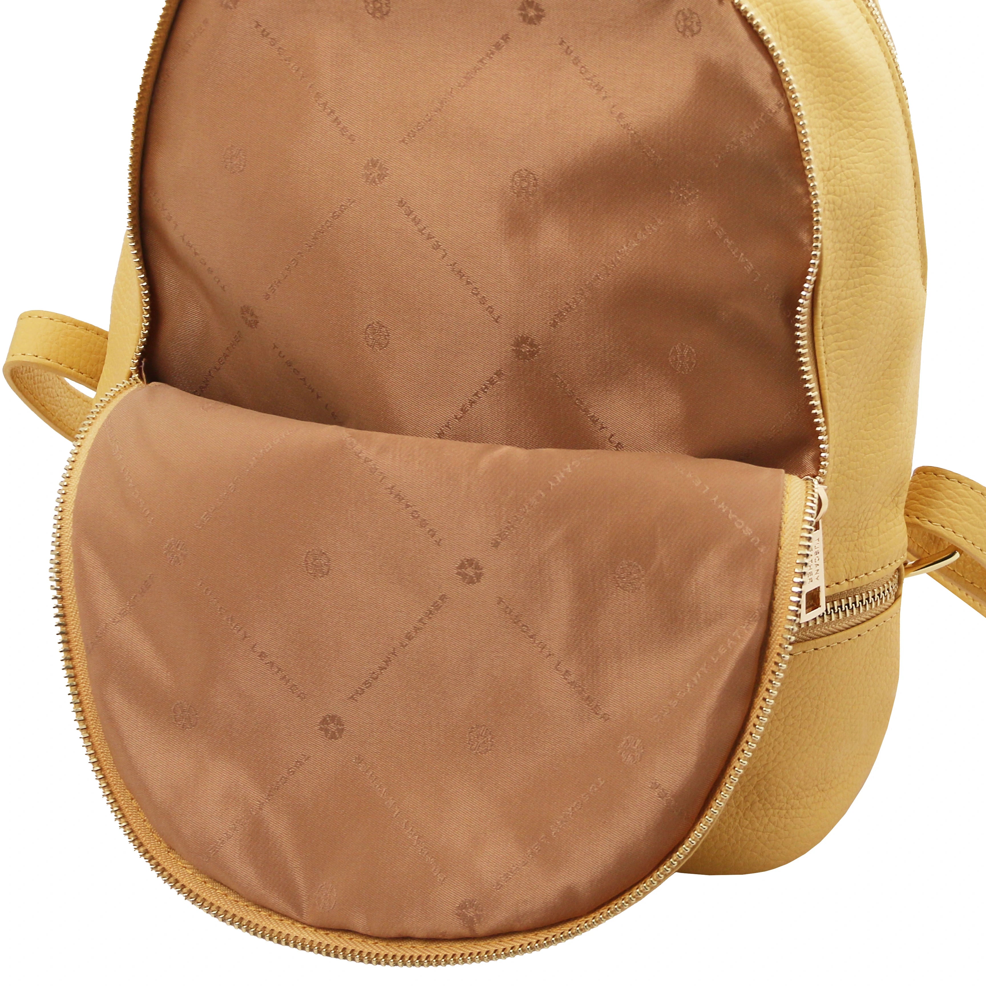 Front pouch fully opened interior view TL Bag Italian Soft Leather Zip Backpack in pale yellow showing tan lining