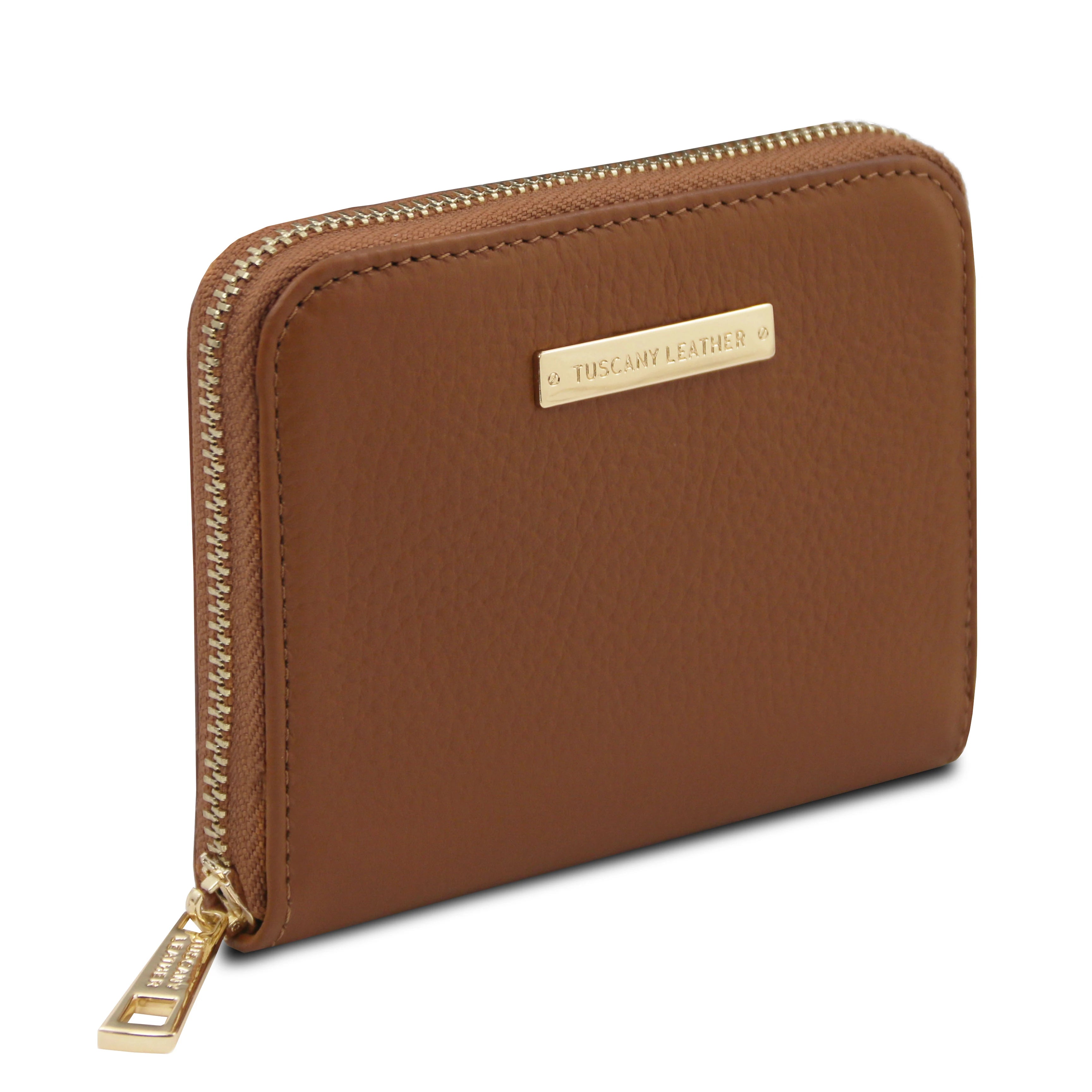 Side view Kore Exclusive Zip Around Leather Wallet in Cognac showing zip around golden metal