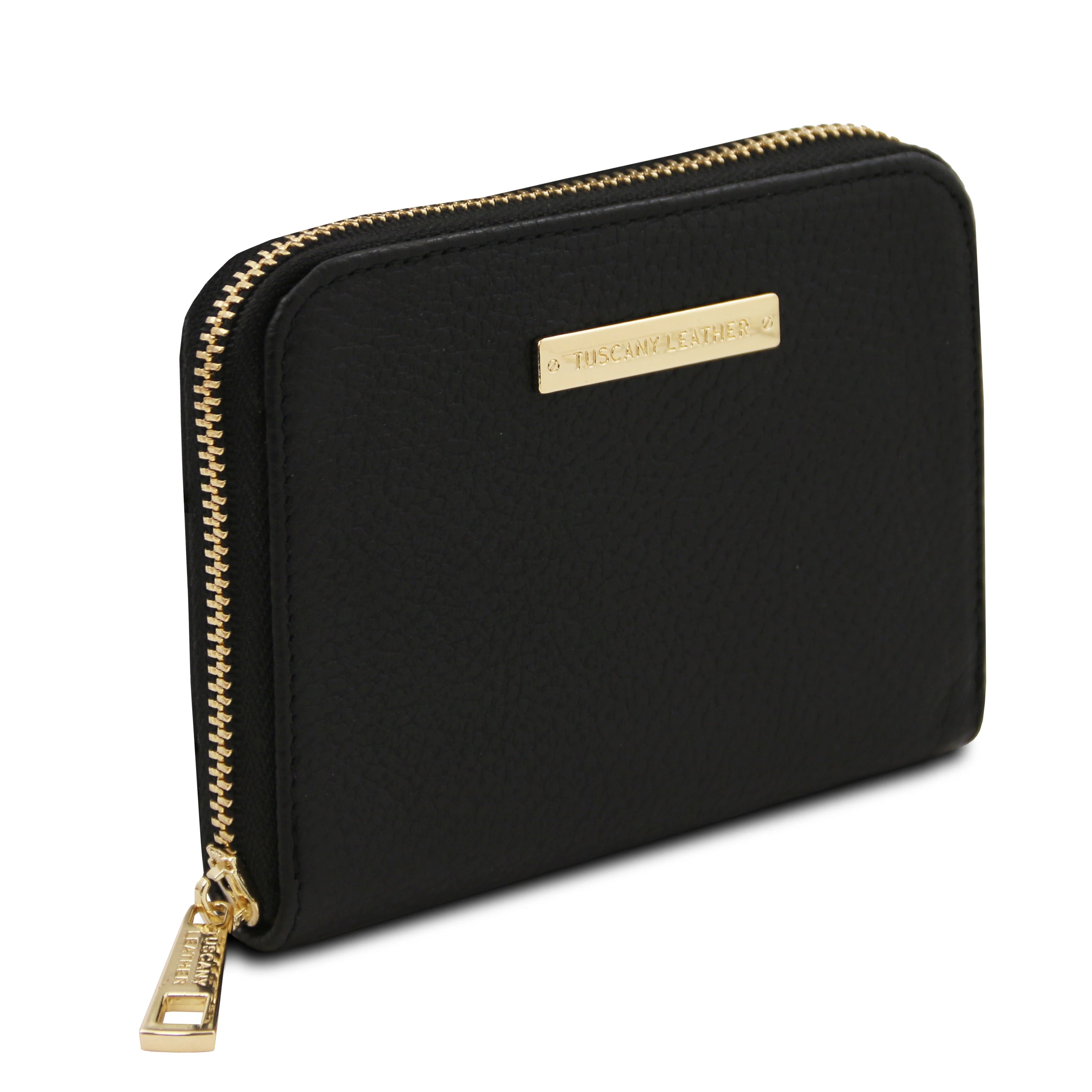 Side view Kore Exclusive Zip Around Leather Wallet in Black showing zip around golden metal