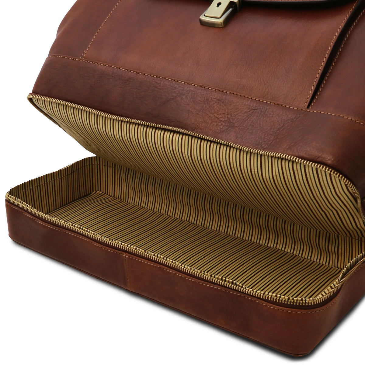 Bottom zip compartment view of Brown leather doctor bag with gold interior striped lining on a white background