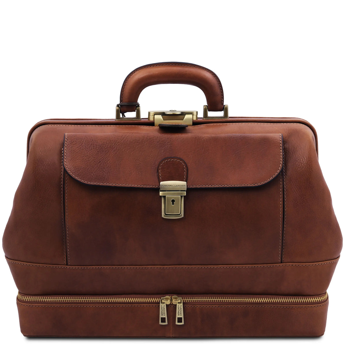 Brown leather doctor bag with bottom compartment and gold hardware on a white background