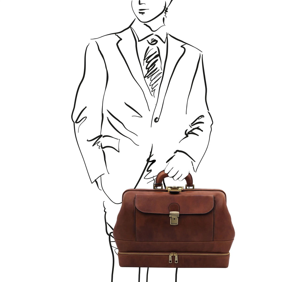 Outline of a person in a suit holding a brown briefcase on a white background