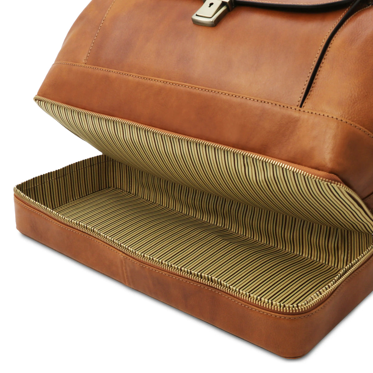 Bottom zip compartment view of natural leather doctor bag with gold interior striped lining on a white background