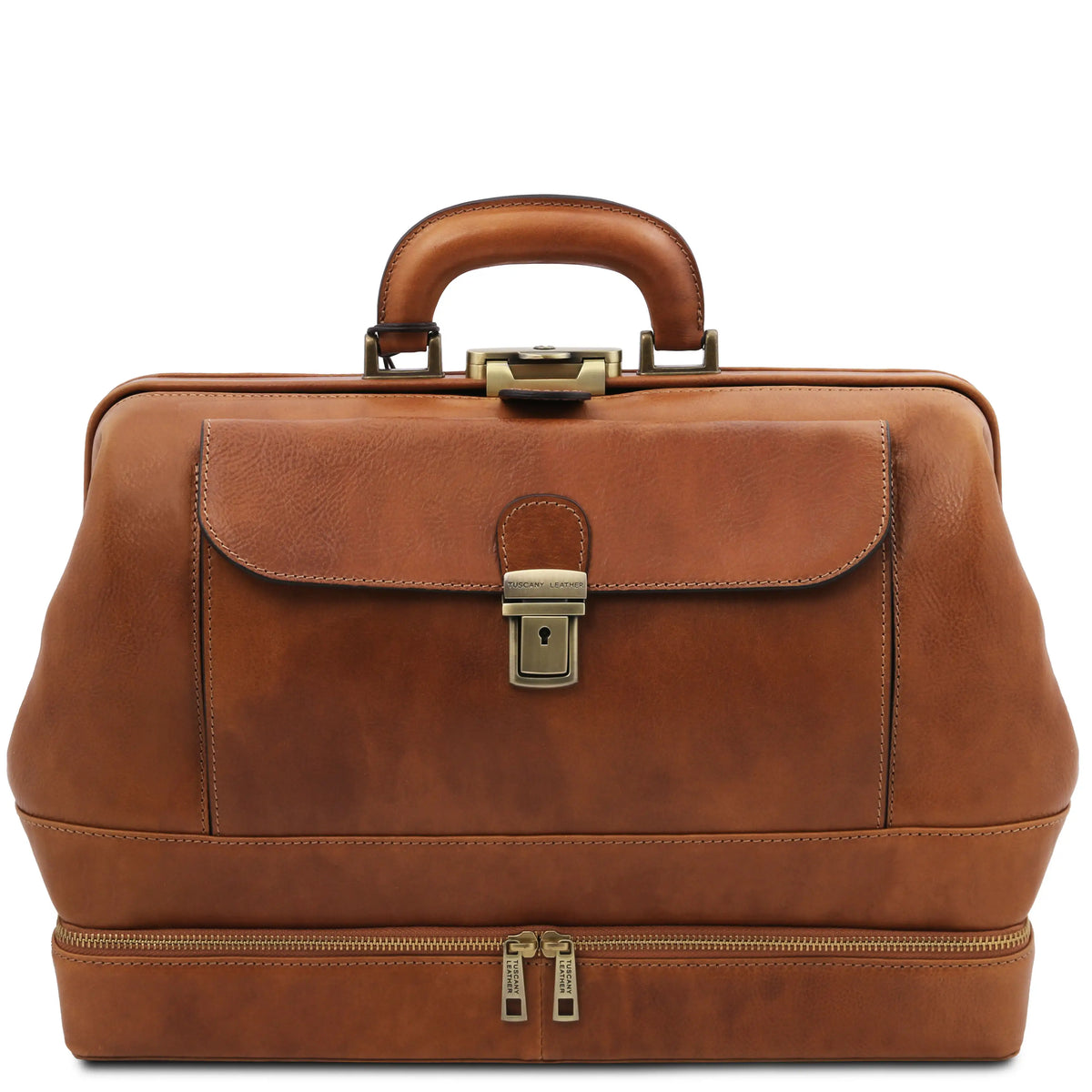 Natural leather doctor bag with bottom compartment and gold hardware on a white background