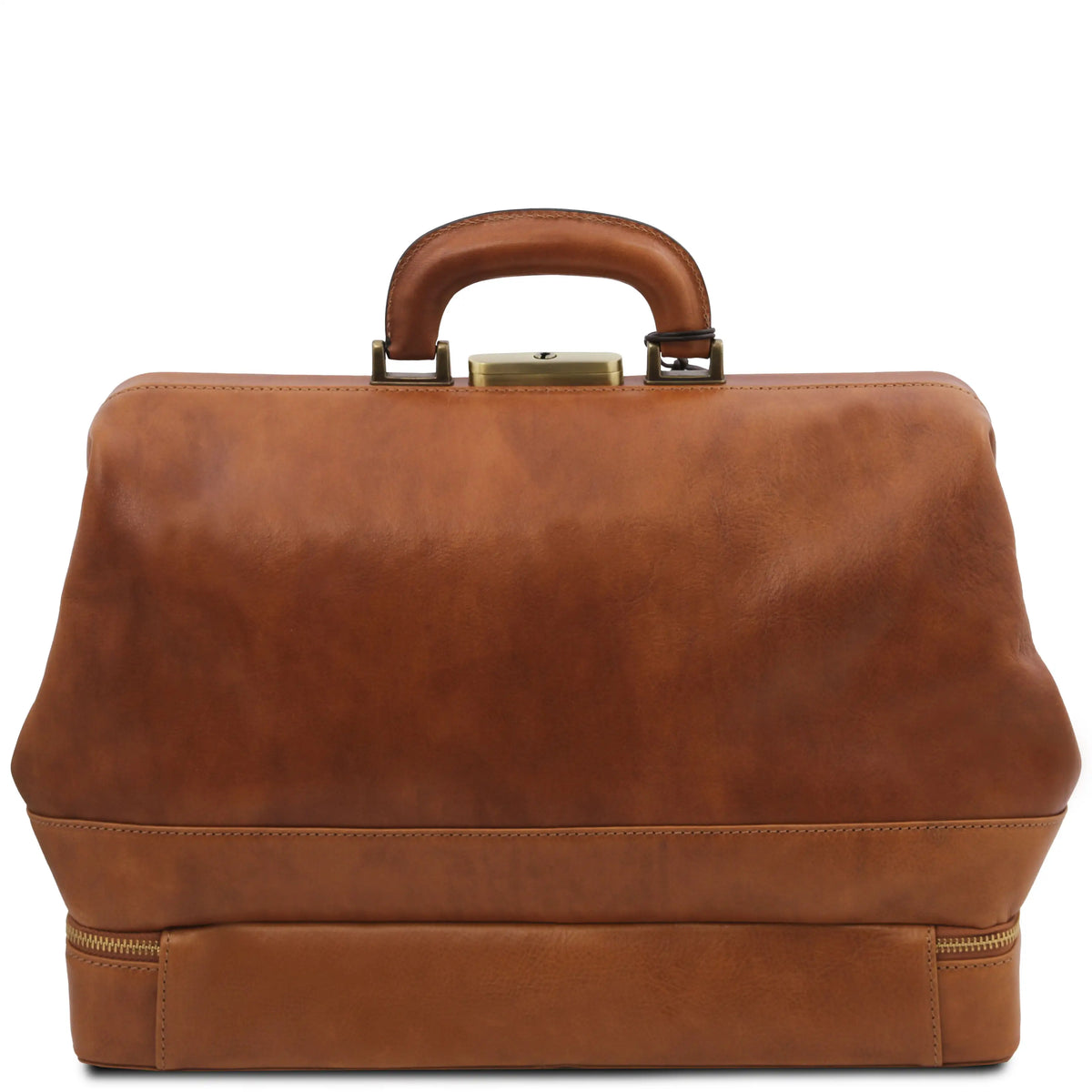 Back view of natural leather doctor's bag with a top handle, gold-tone metal clasp, and a zippered base, shown against a plain white background.