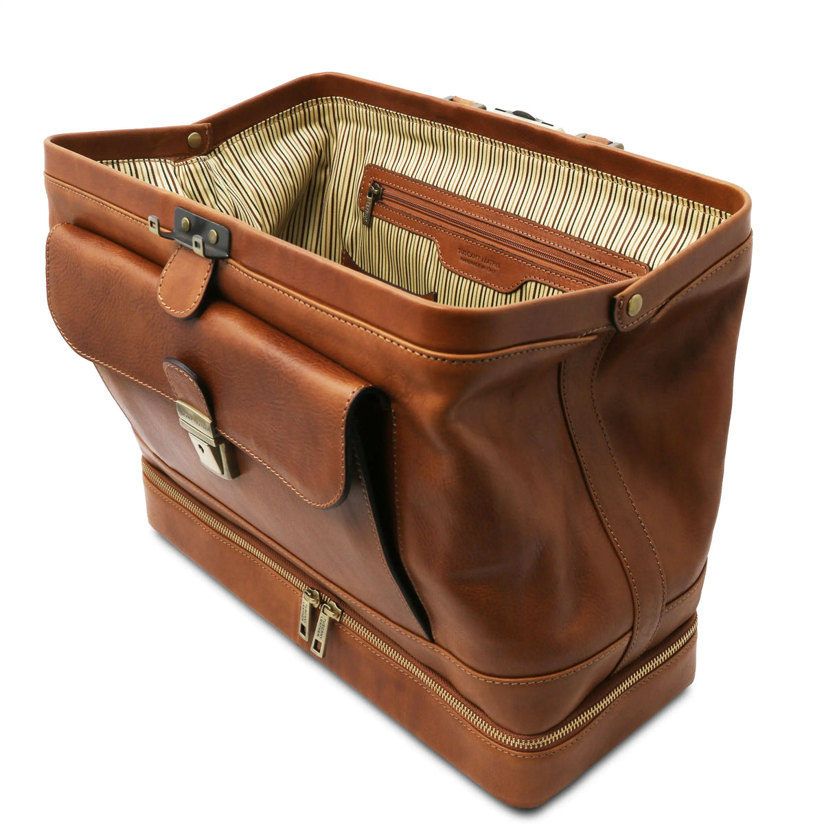 Natural leather doctor bag fully opened tp show depth on a white background