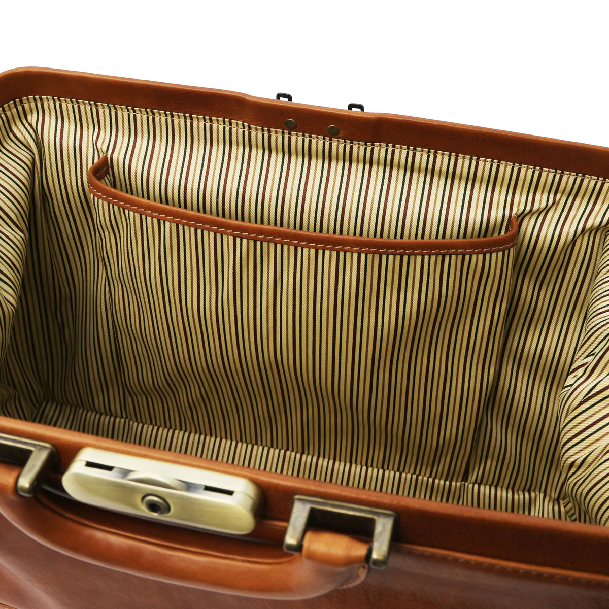 Close-up of a natural leather doctor bag with open pocket and striped interior.