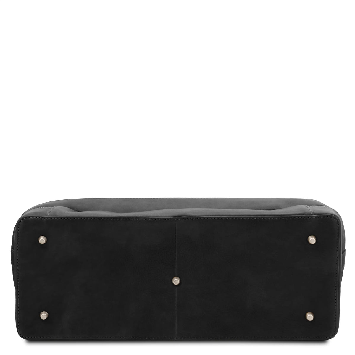 Bottom view of black leather doctor bag with gold protective studs on a white background