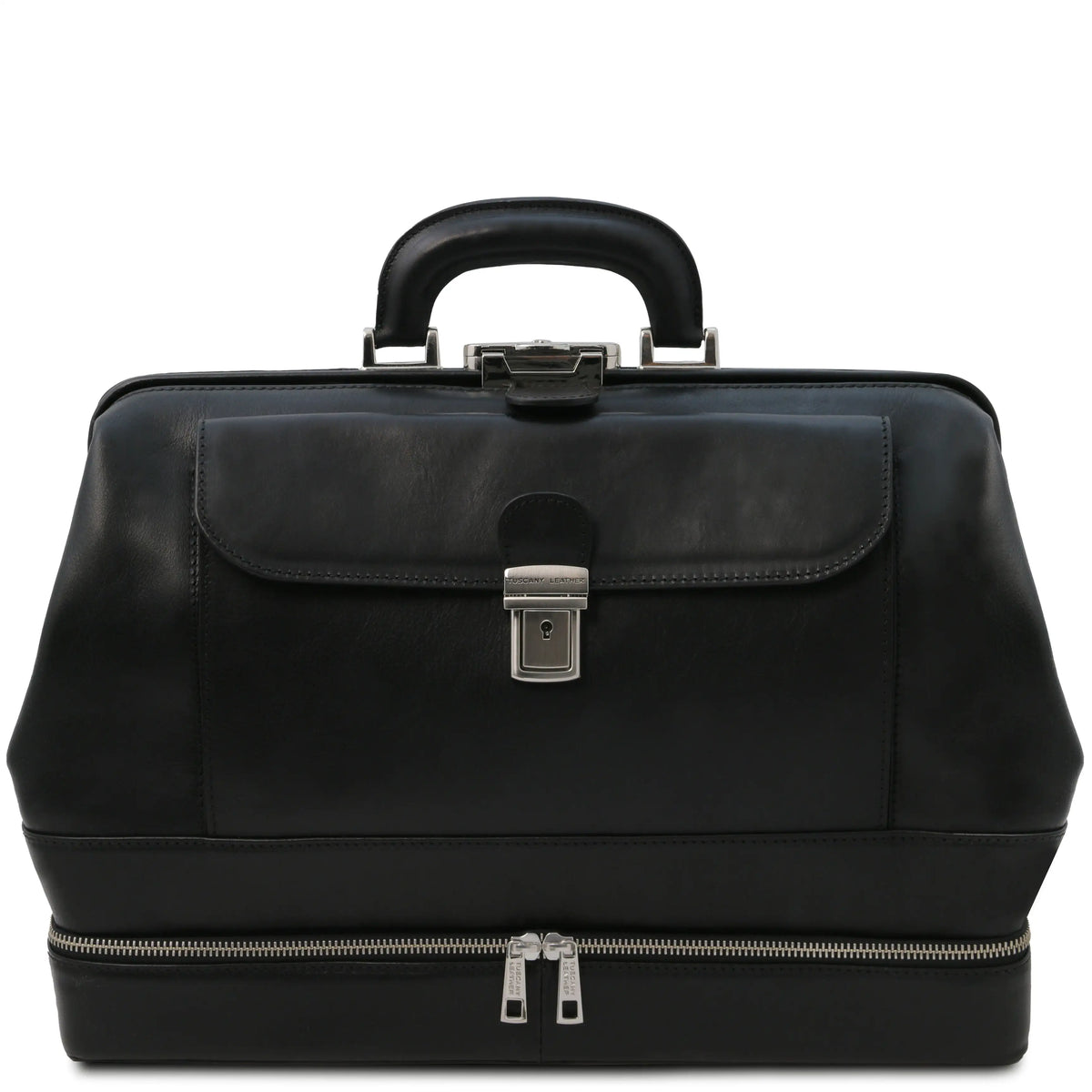 Black leather doctor bag with bottom compartment and gold hardware on a white background