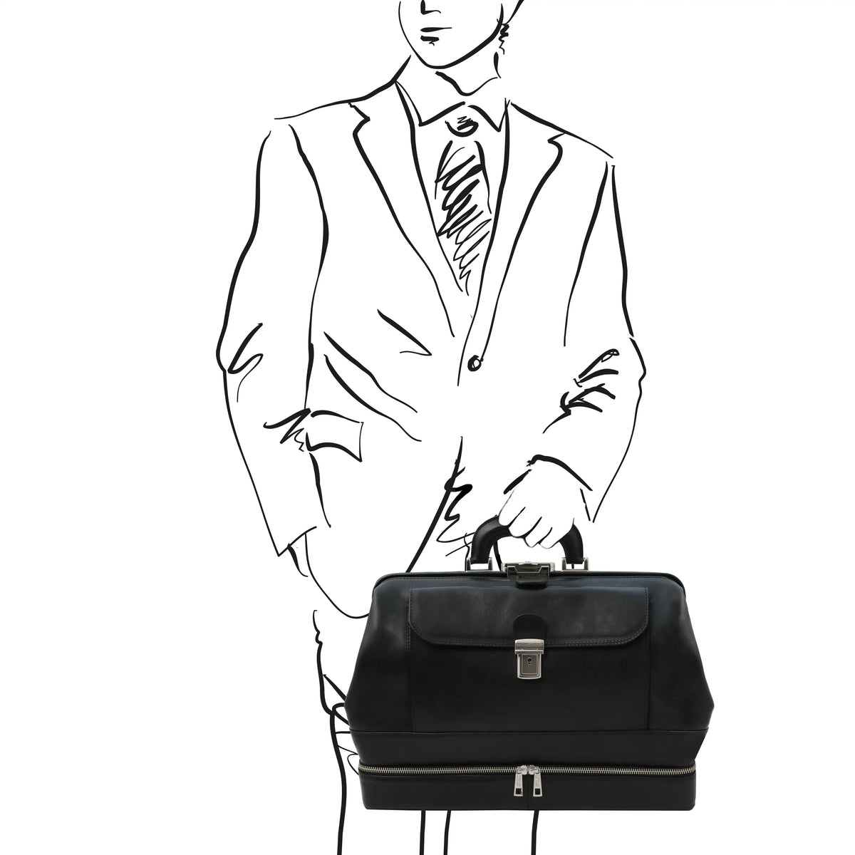 Outline of a person in a suit holding a black briefcase on a white background