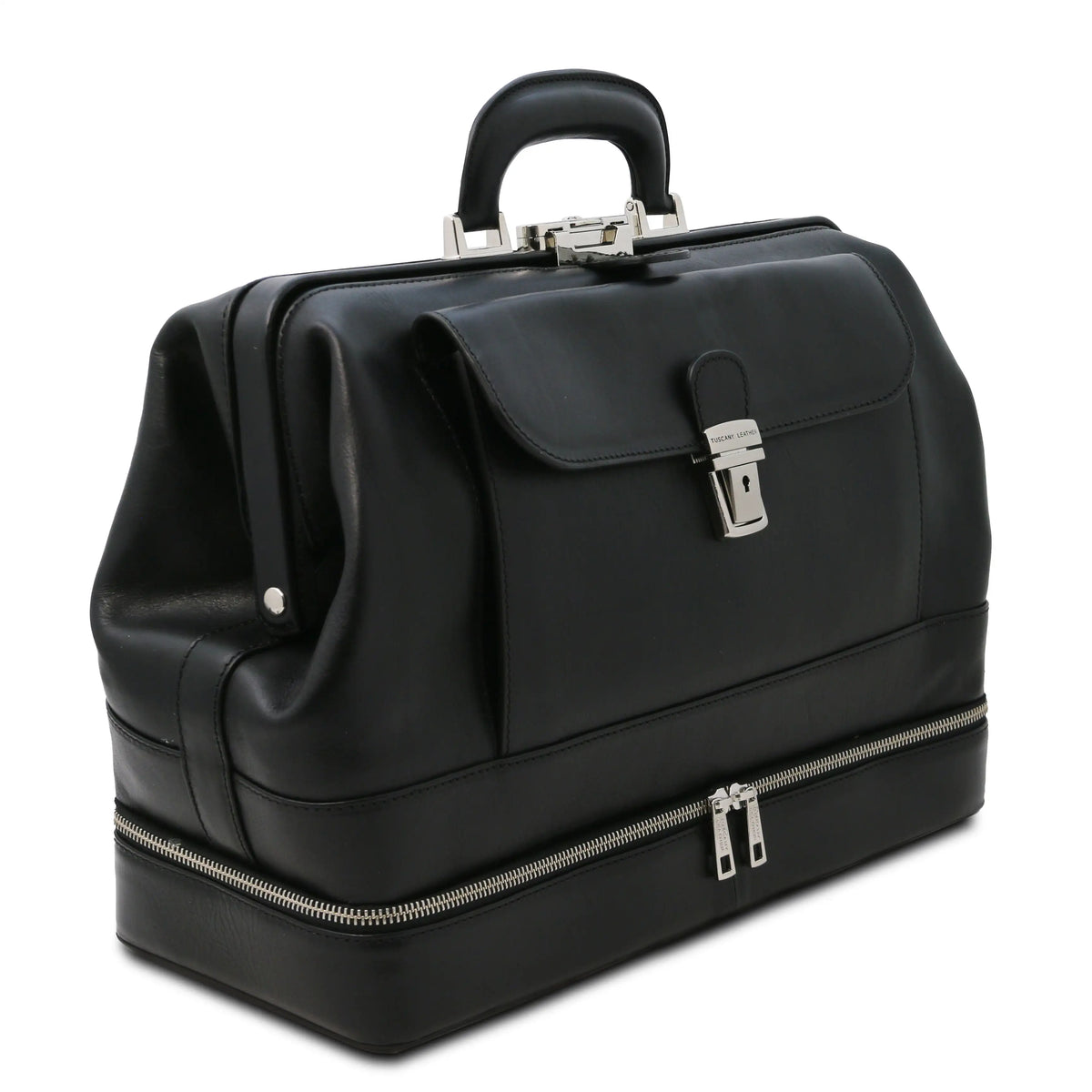 Black leather doctor bag with gold zippers and hardware on a white background