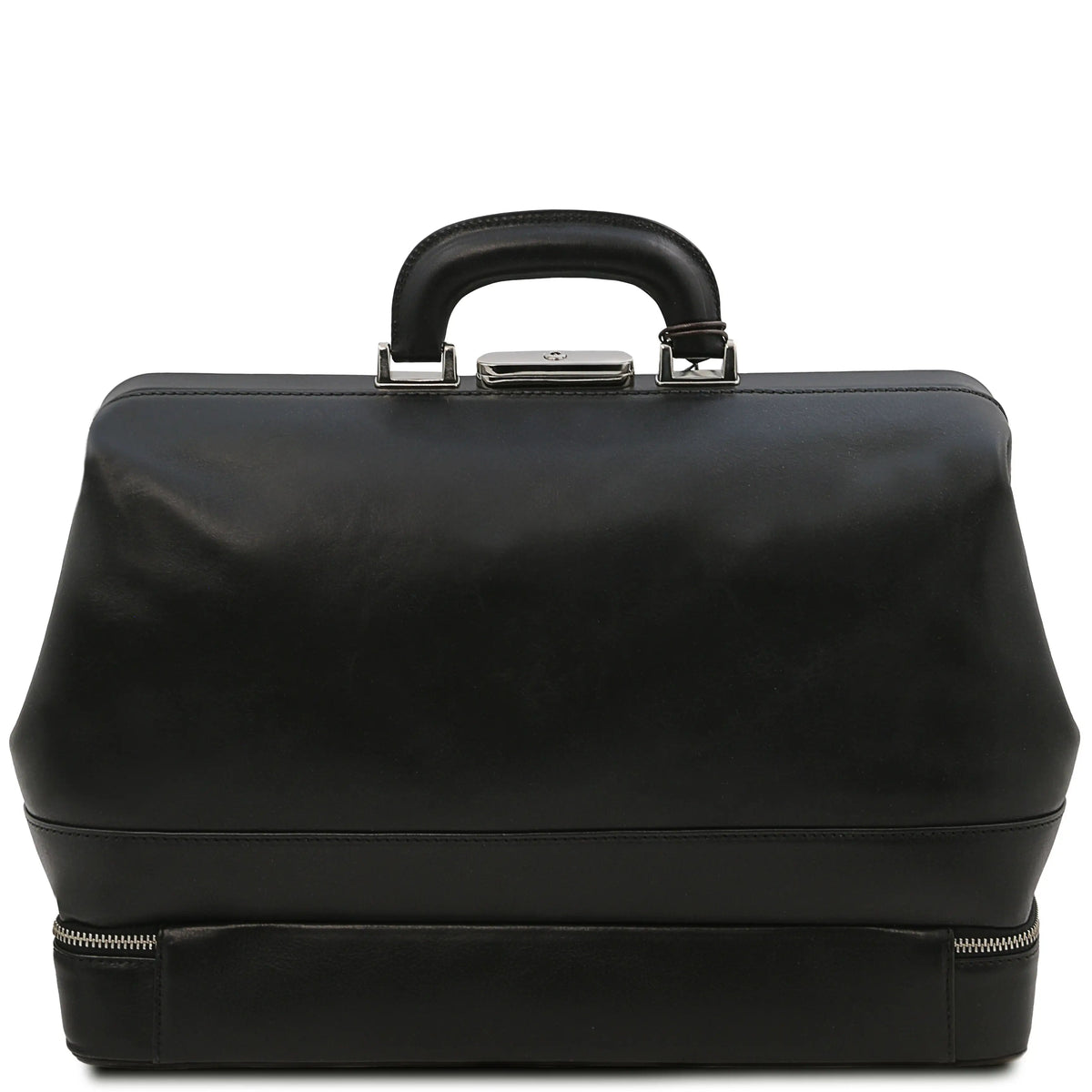 Back view of black leather doctor's bag with a top handle, gold-tone metal clasp, and a zippered base, shown against a plain white background.