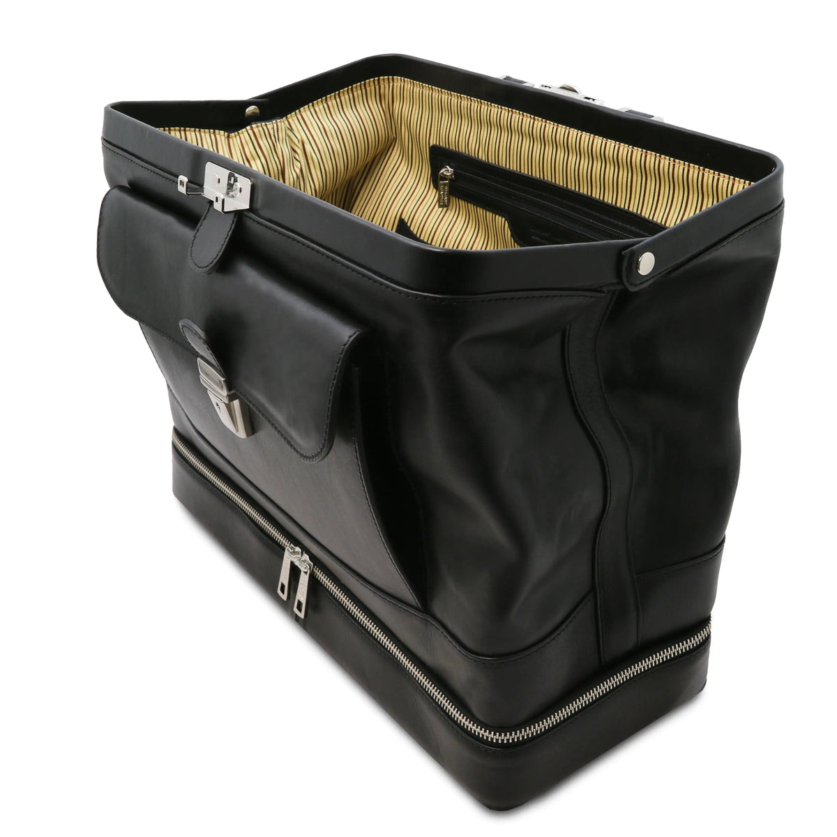 Black leather doctor bag fully opened tp show depth on a white background