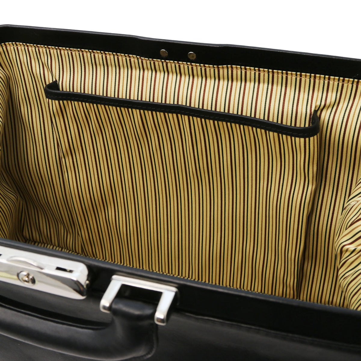 Close-up of a black leather doctor bag with open pocket and striped interior.