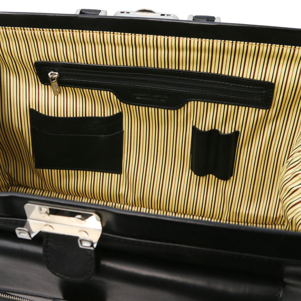 Close-up of a black leather doctor bag with zipped pocket, card and pen slots and striped interior.
