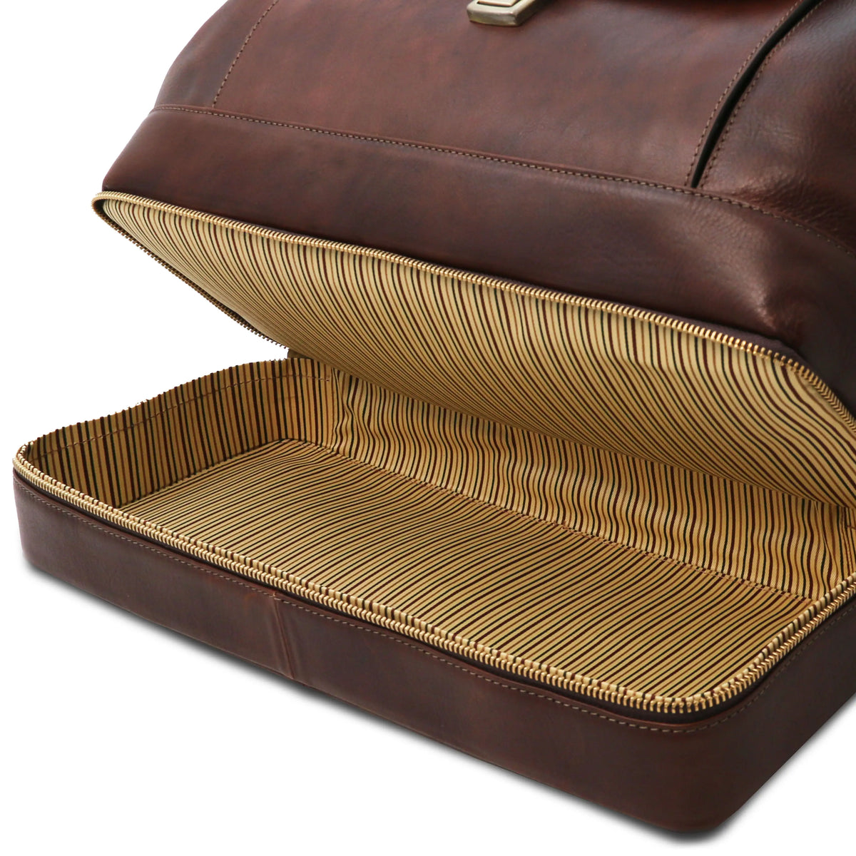 Bottom zip compartment view of Dark Brown leather doctor bag with gold interior striped lining on a white background