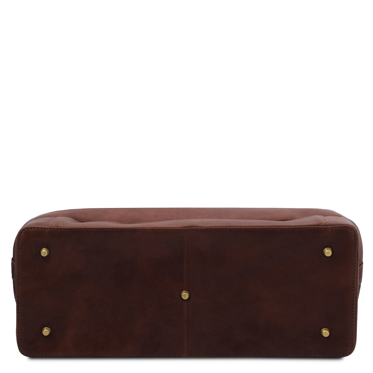 Bottom view of dark brown leather doctor bag with gold protective studs on a white background