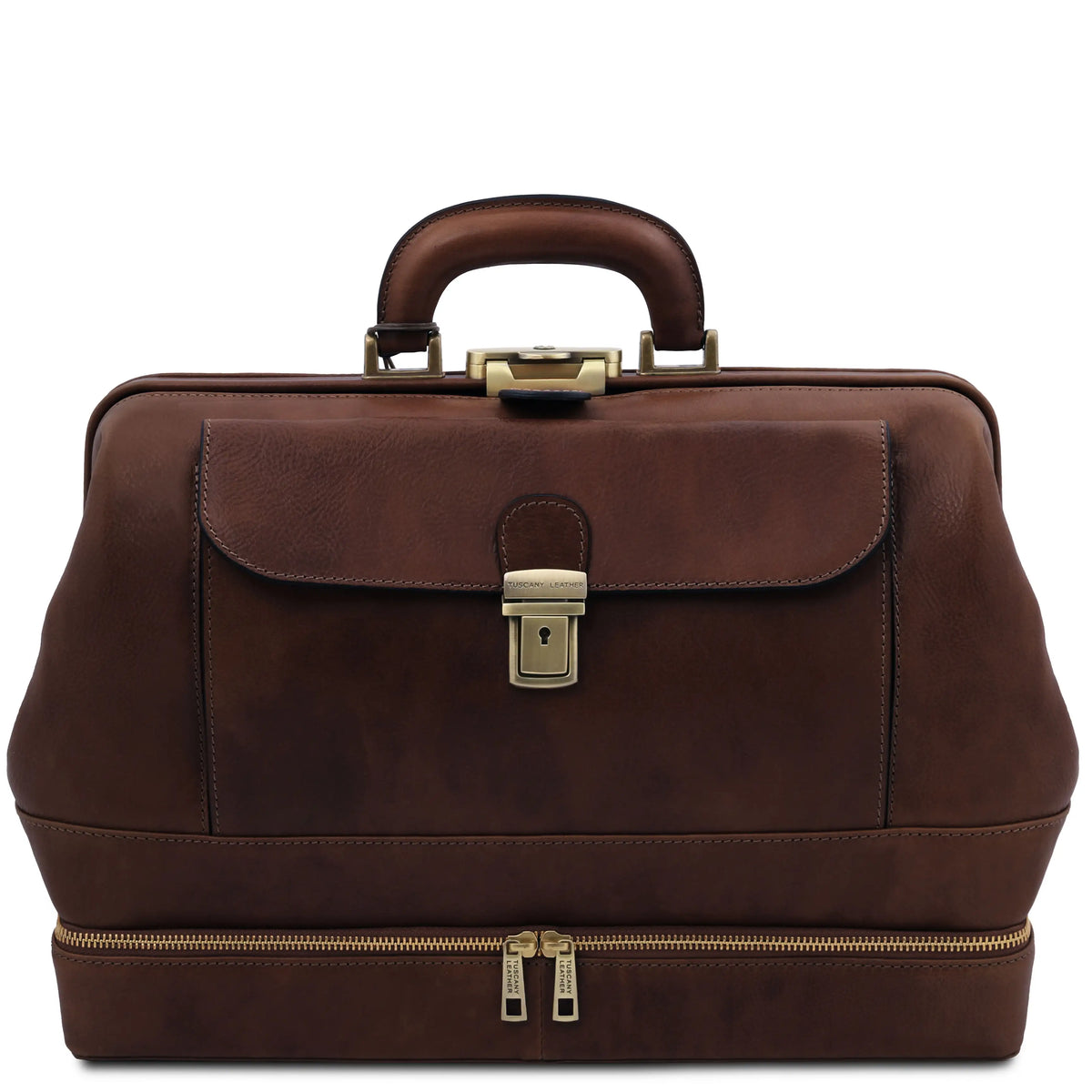 Dark brown leather doctor bag with bottom compartment and gold hardware on a white background