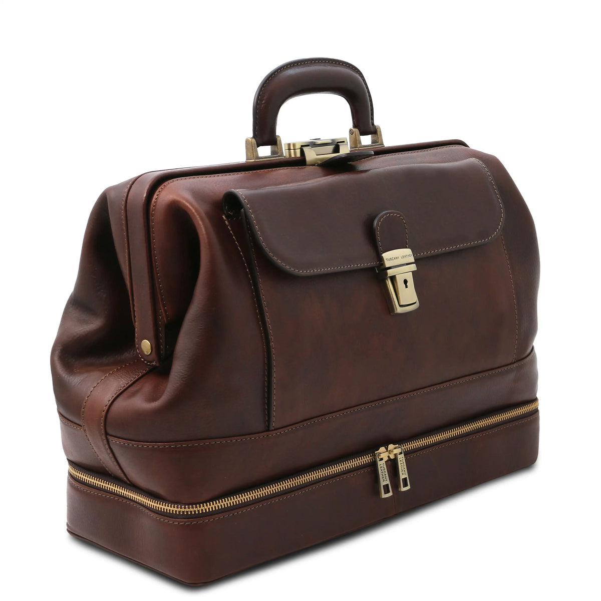 Dark Brown leather doctor bag with gold zippers and hardware on a white background
