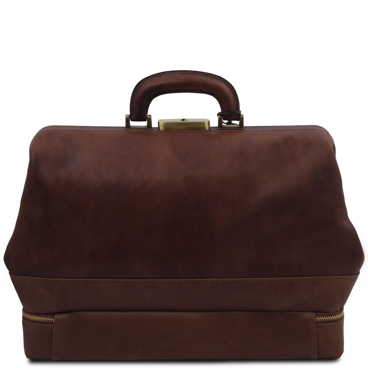 Back view of dark brown leather doctor's bag with a top handle, gold-tone metal clasp, and a zippered base, shown against a plain white background.