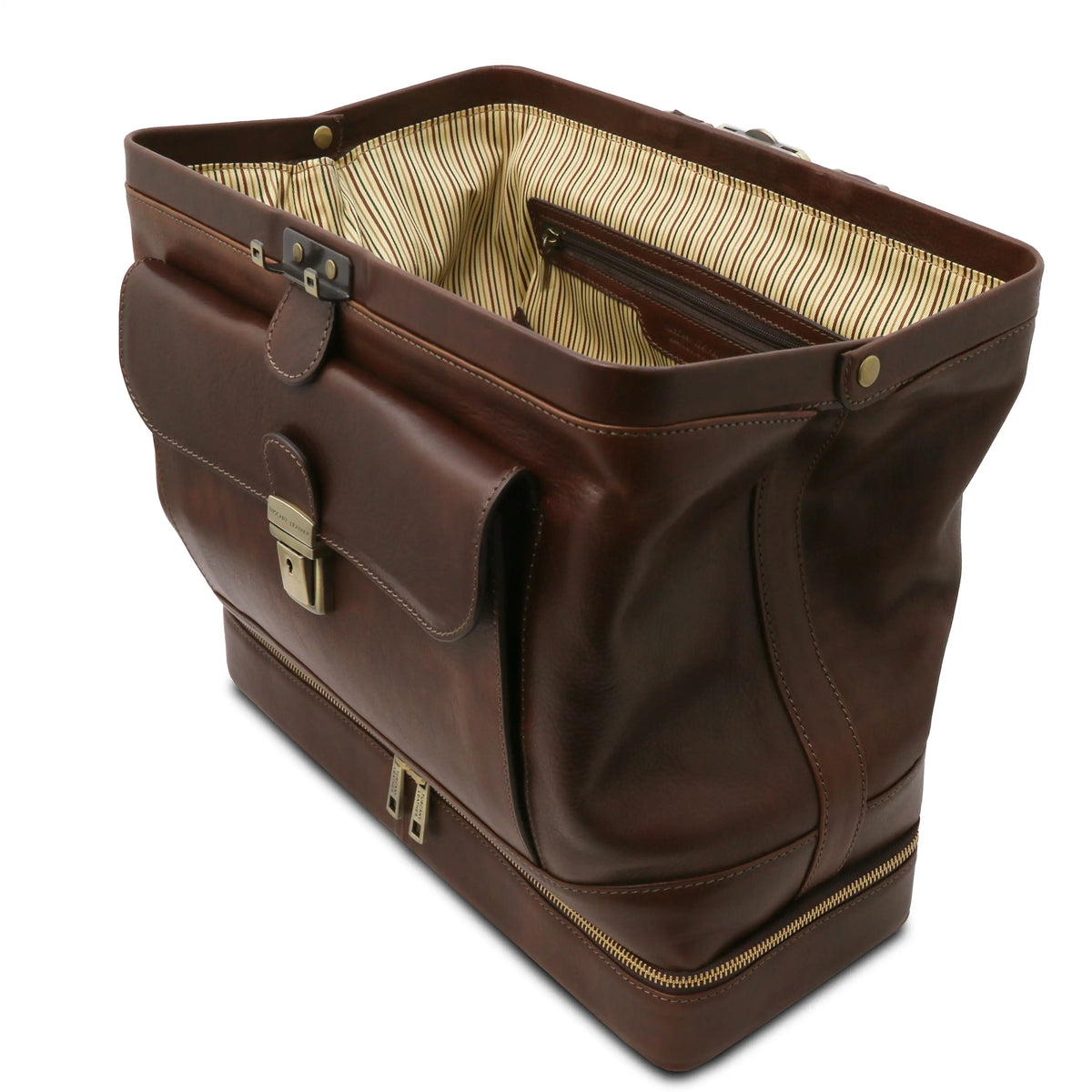 Dark Brown leather doctor bag fully opened tp show depth on a white background