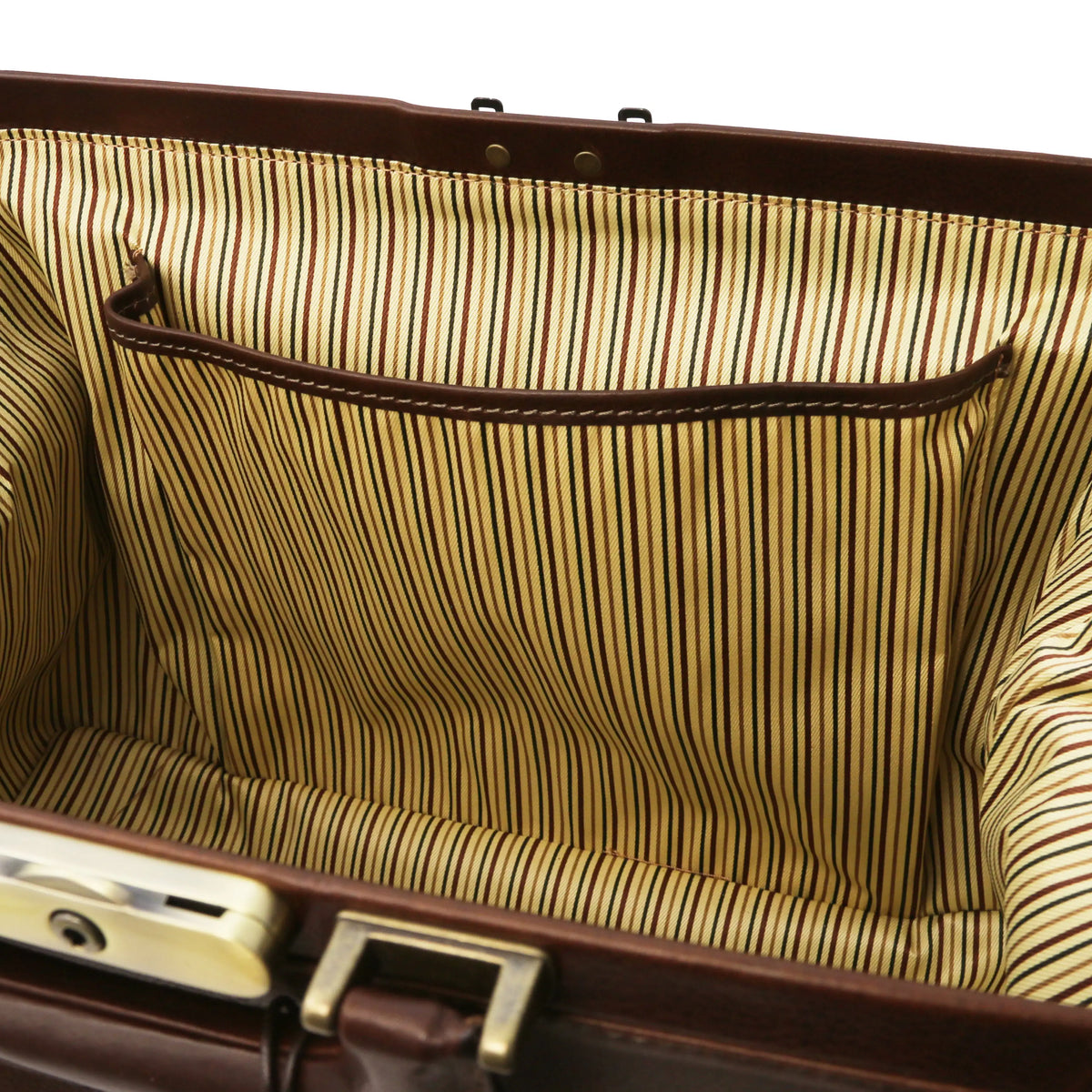 Close-up of a dark brown leather doctor bag with open pocket and striped interior.