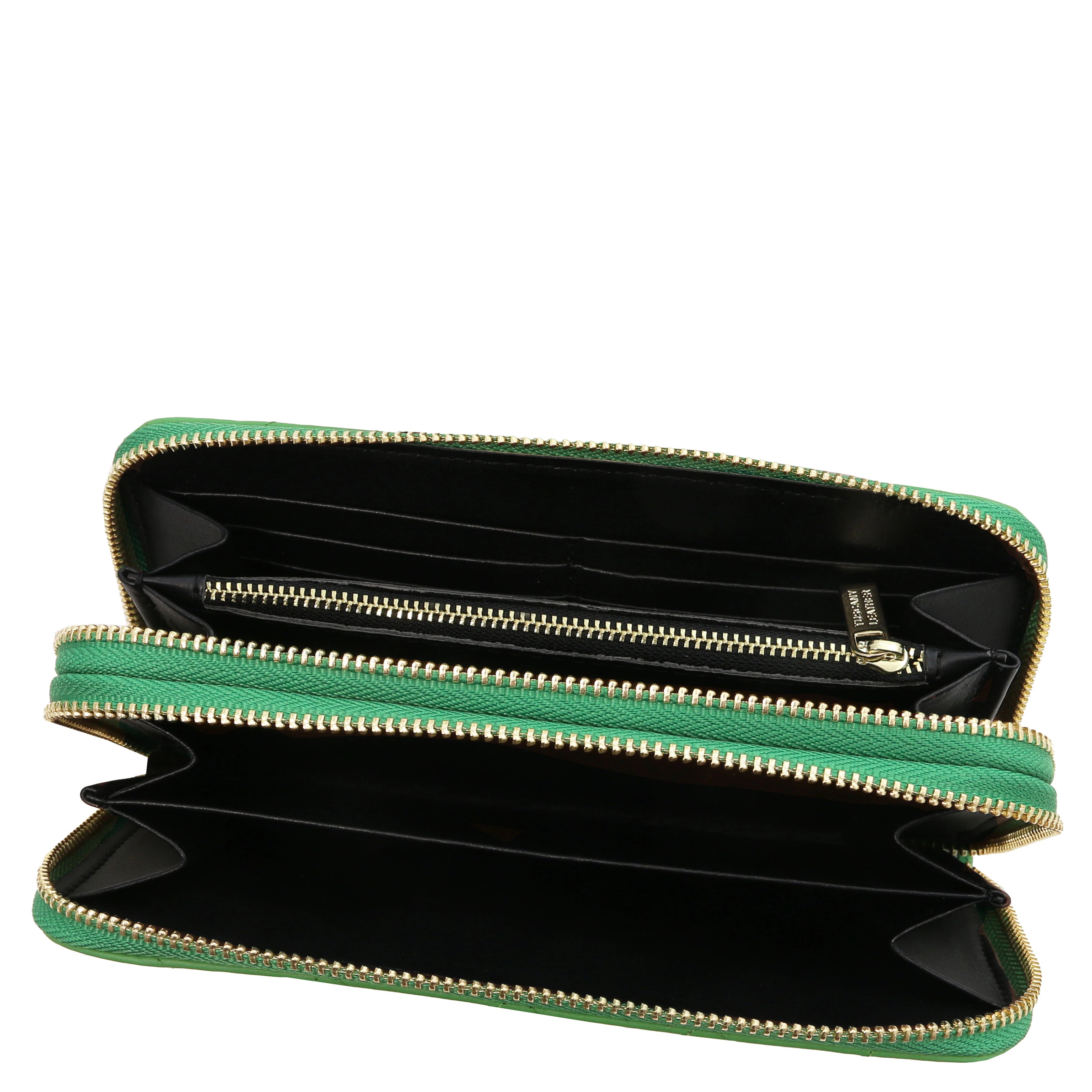 Ada Double Zip Around Soft Italian Leather Green Wallet Zipped Opened Showing Interior - L'Atelier Global