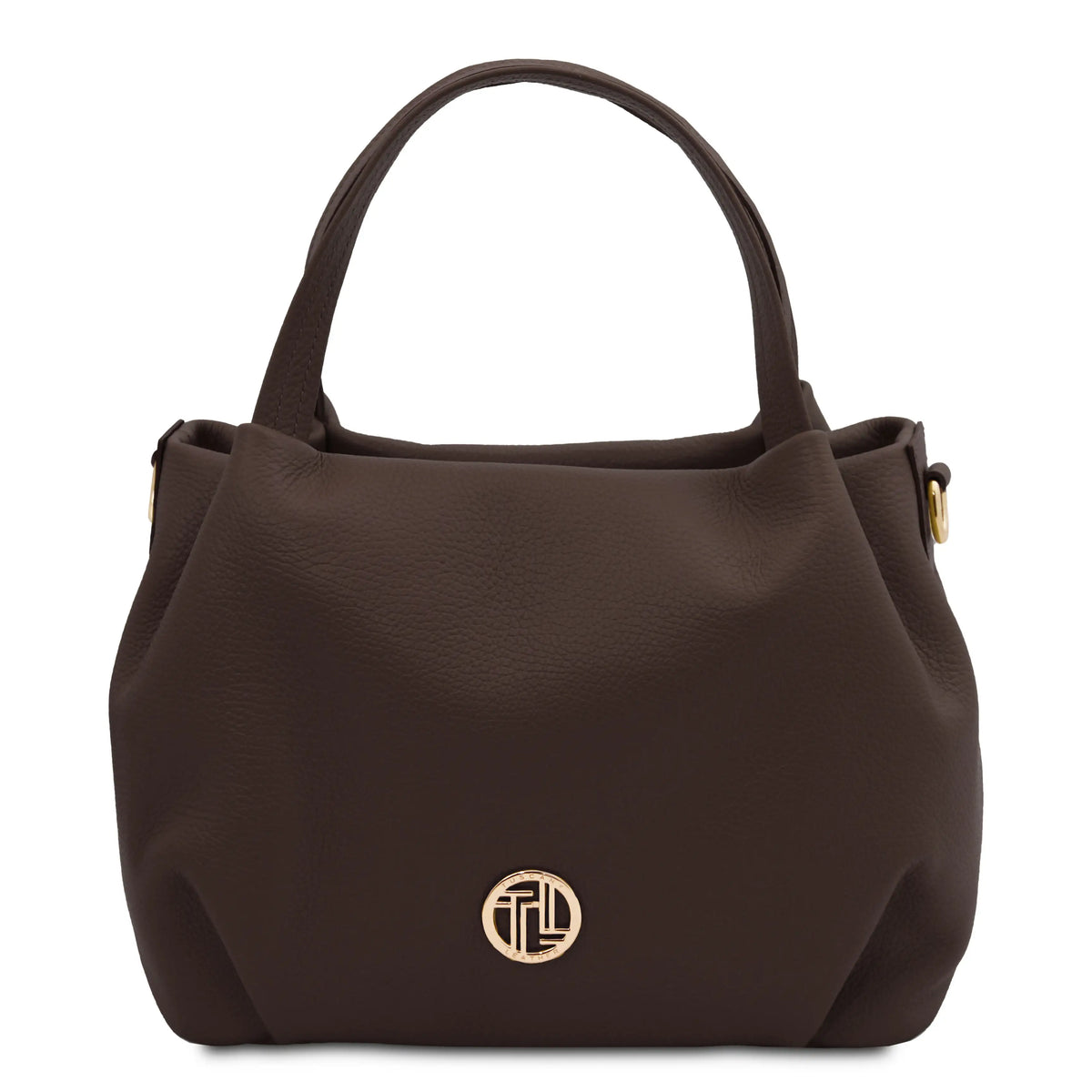 Chocolate handbag with a gold logo on a white background