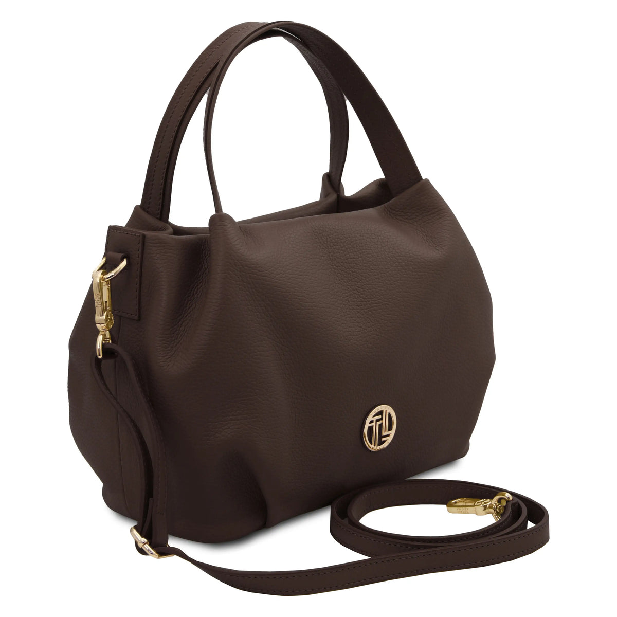 A Chocolate pebbled leather handbag with gold-tone hardware, featuring dual top handles, a detachable shoulder strap, and a circular interlocking 'TL' logo on the front, set against a plain white background.