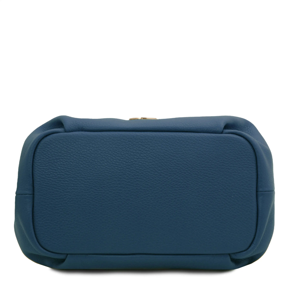Bottom view dark teal pebbled leather bag set against a plain white background.