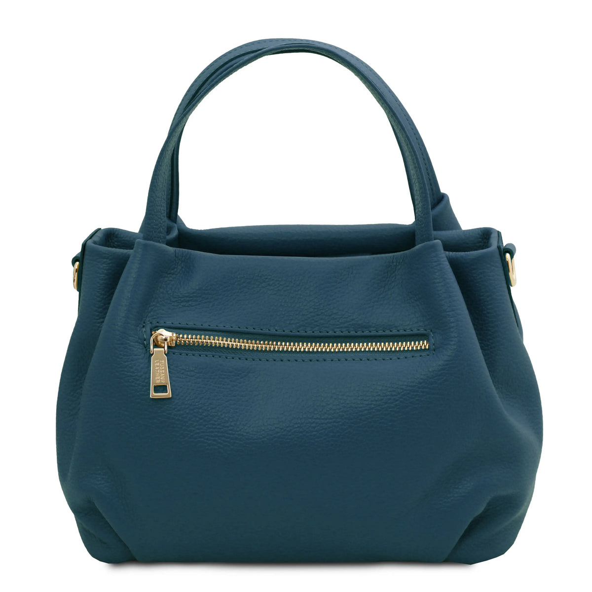 Back view Teal handbag with a gold zipper on a white background